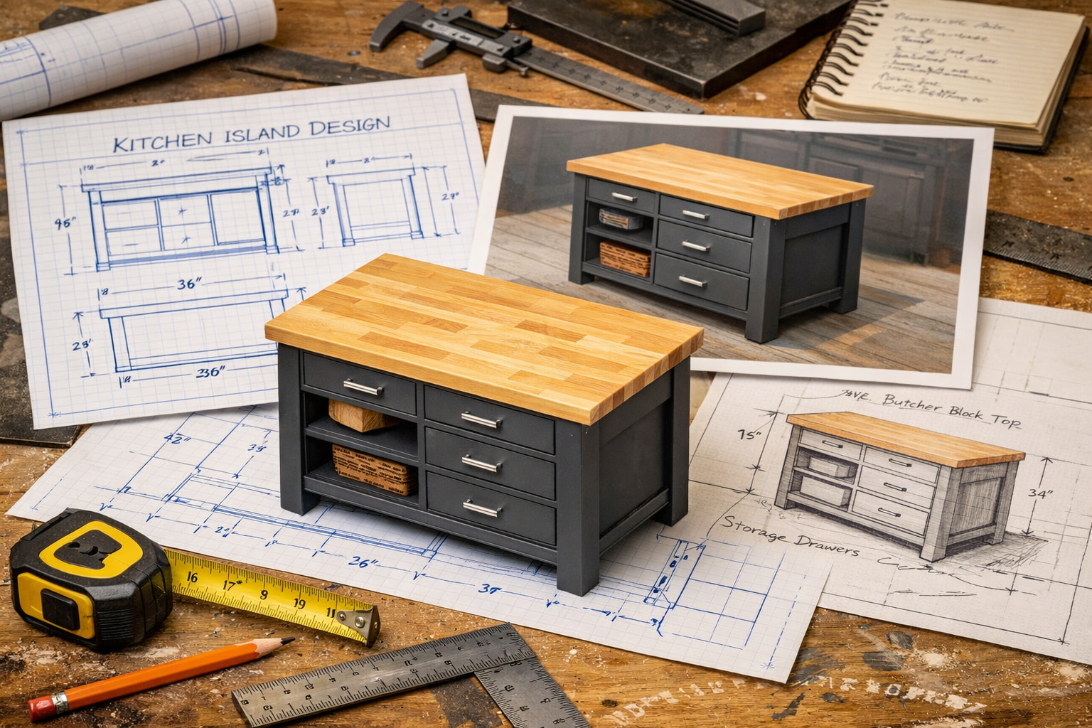 A meticulously detailed landscape image (1536x1024) depicting the conceptual design and planning phase of building a kitchen island for a sm