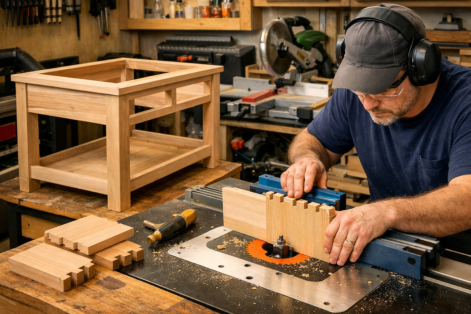 A vivid landscape image (1536x1024) showcasing a partially assembled kitchen island frame in a compact workshop. A skilled woodworker is met
