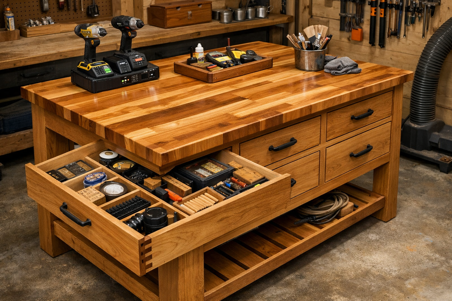 An inspiring landscape image (1536x1024) of a completed custom kitchen island for a small workshop, highlighting its durable butcher block t