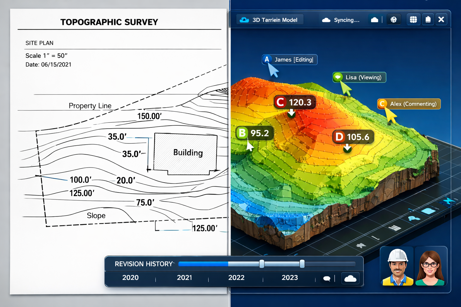Landscape format (1536x1024) detailed visualization showing split-screen comparison: left side displays traditional static PDF survey docume