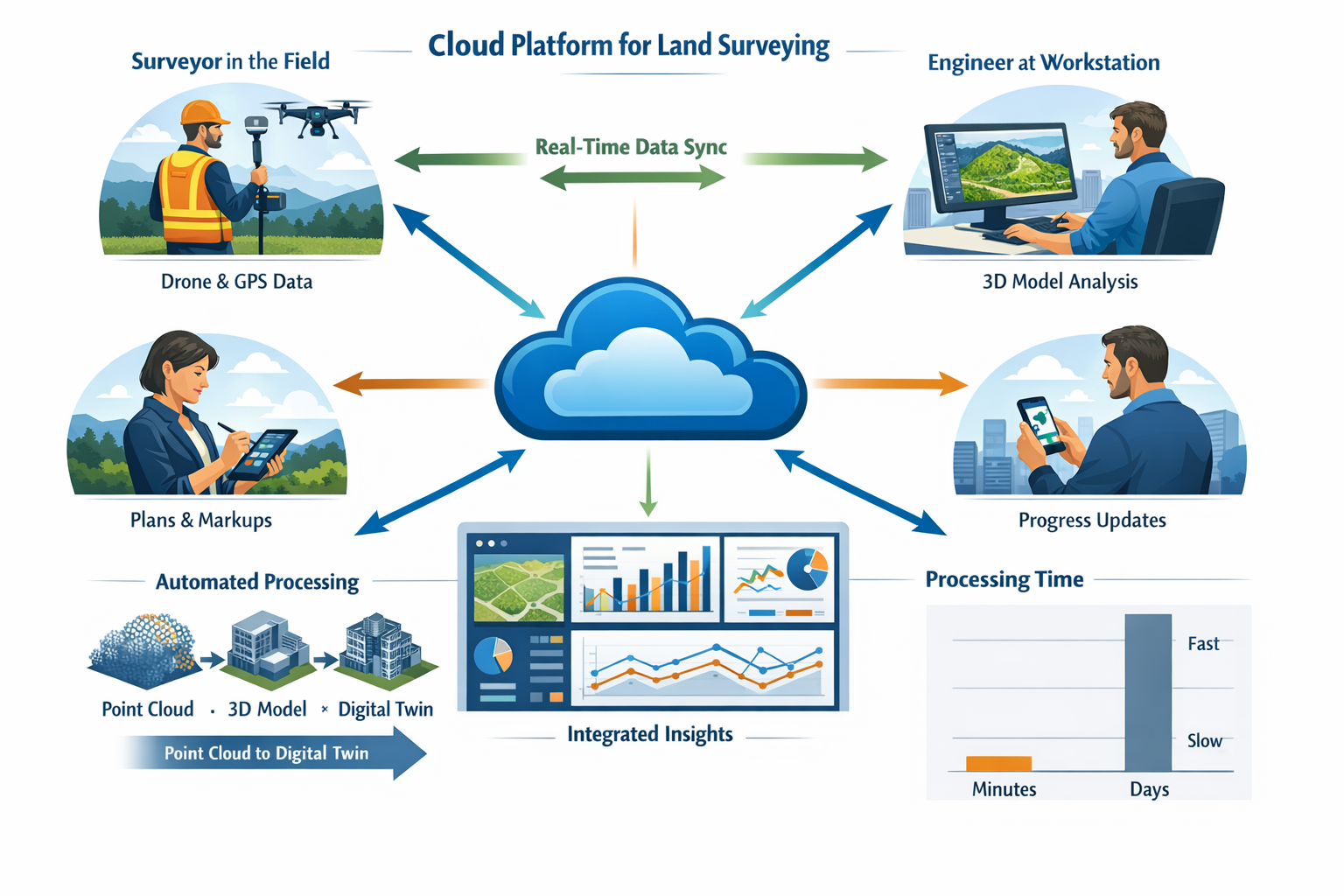 Landscape format (1536x1024) comprehensive infographic displaying cloud platform workflow for land surveying: central cloud server icon with