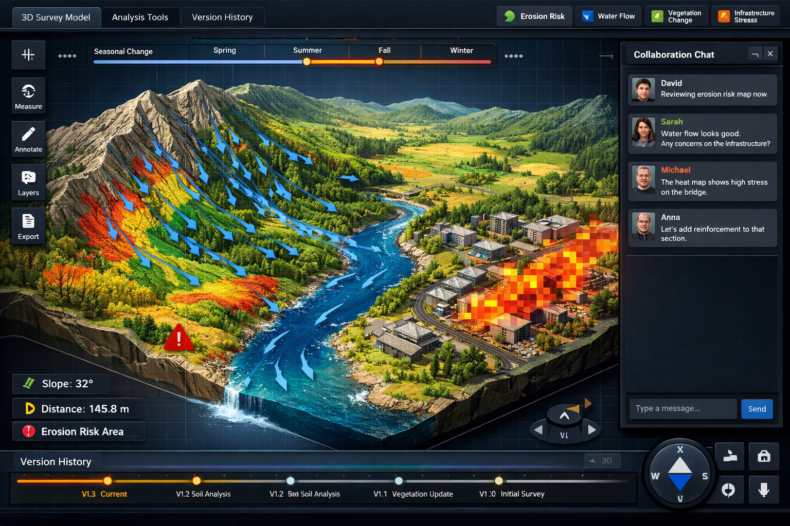 Landscape format (1536x1024) detailed illustration of digital twin deliverable interface showing interactive land survey model with multiple