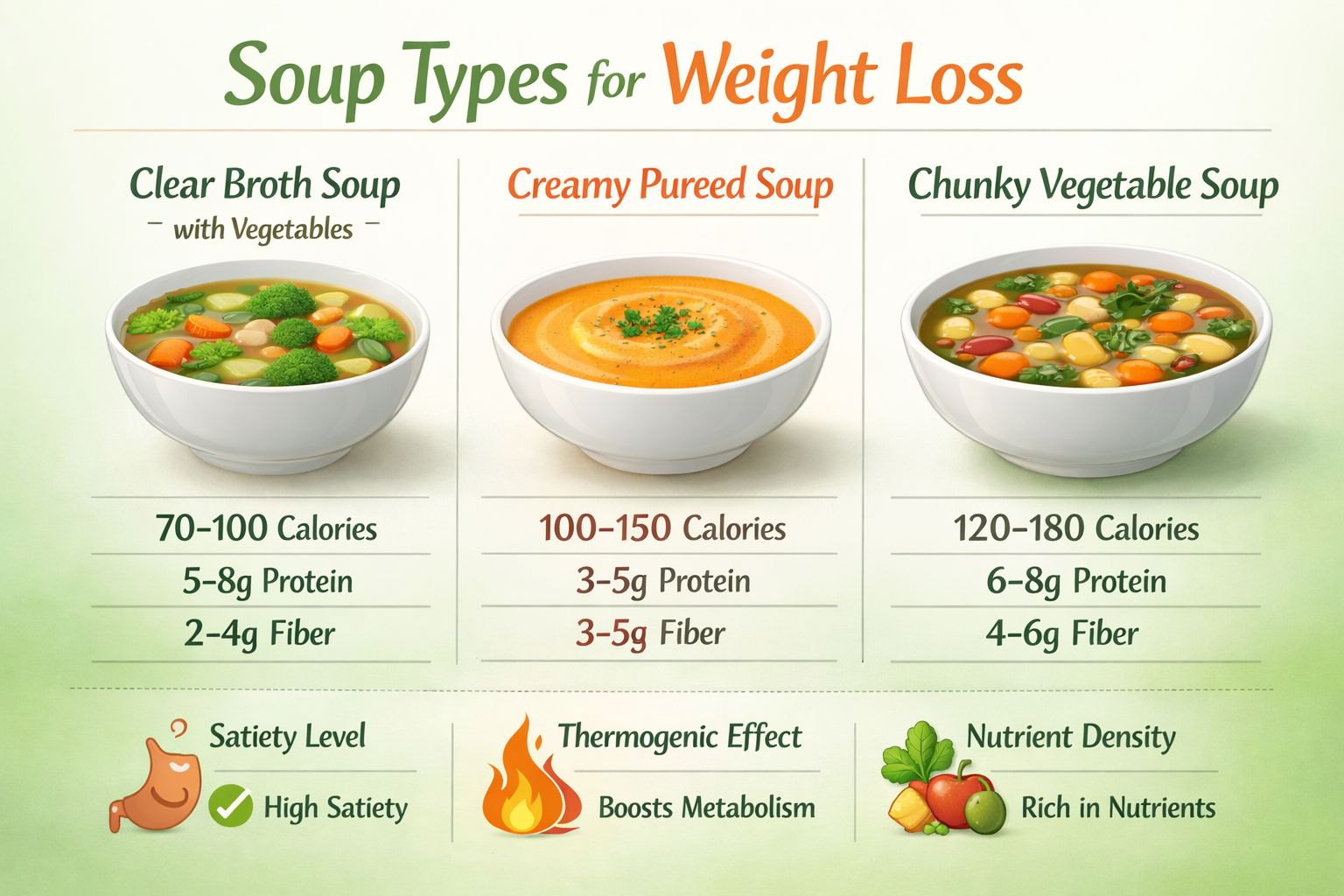 Detailed infographic illustration (1536x1024) showing comparison chart of different soup types for weight loss. Visual displays three bowls: