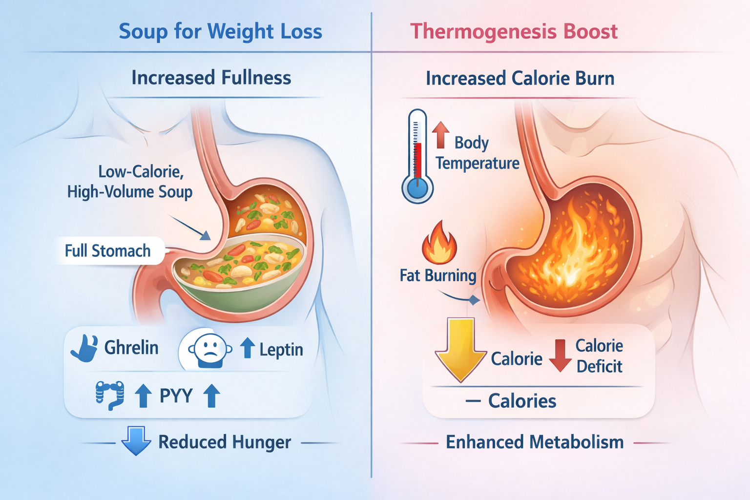 Scientific concept illustration (1536x1024) showing digestive system benefits of soup consumption for weight loss. Split-screen design: left