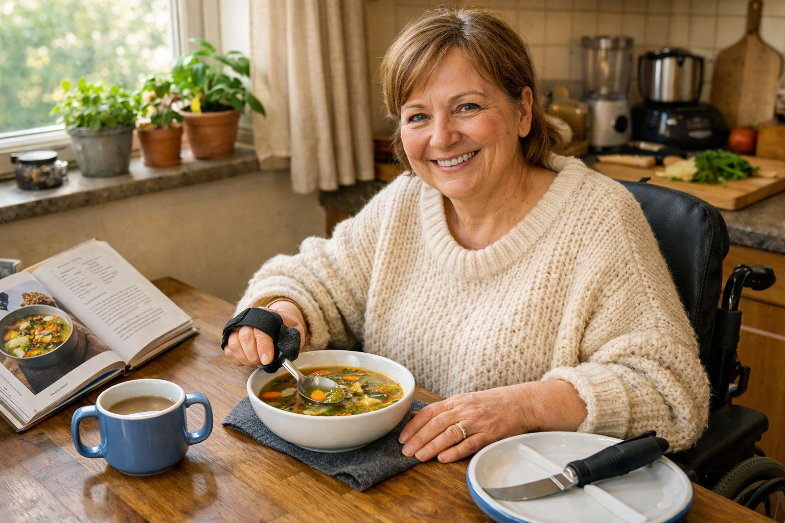 Real-life inspired photograph (1536x1024) of person with limited mobility sitting comfortably at kitchen table enjoying bowl of nutritious s
