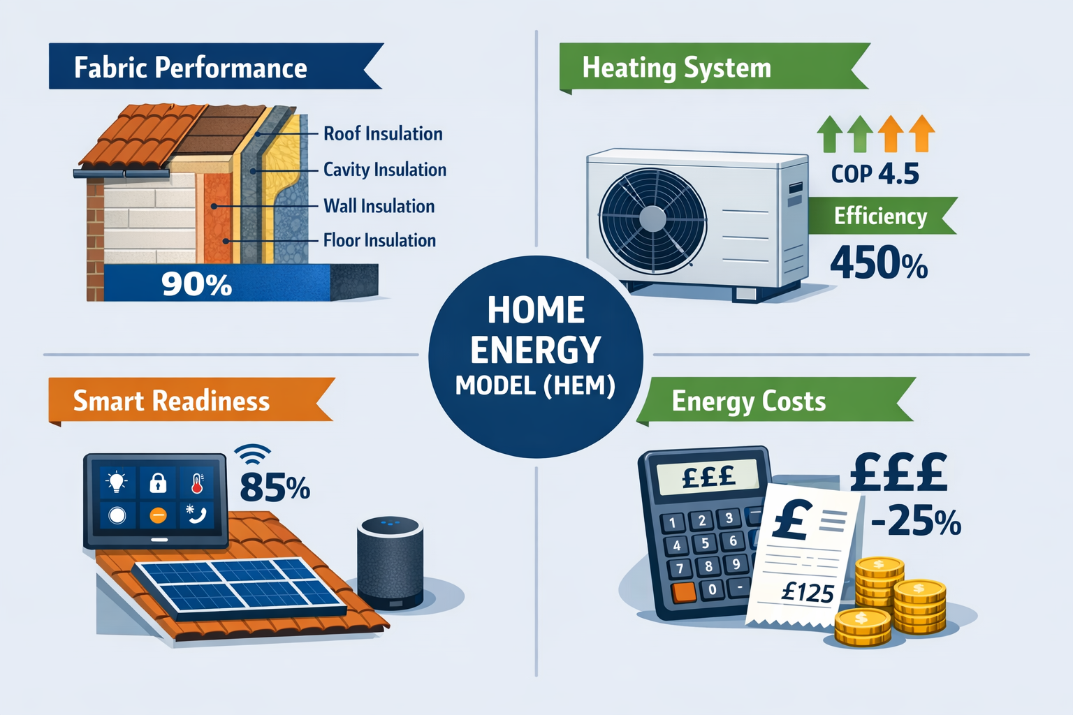 Detailed landscape format (1536x1024) illustration showing the Home Energy Model (HEM) four headline metrics as infographic quadrants: top l