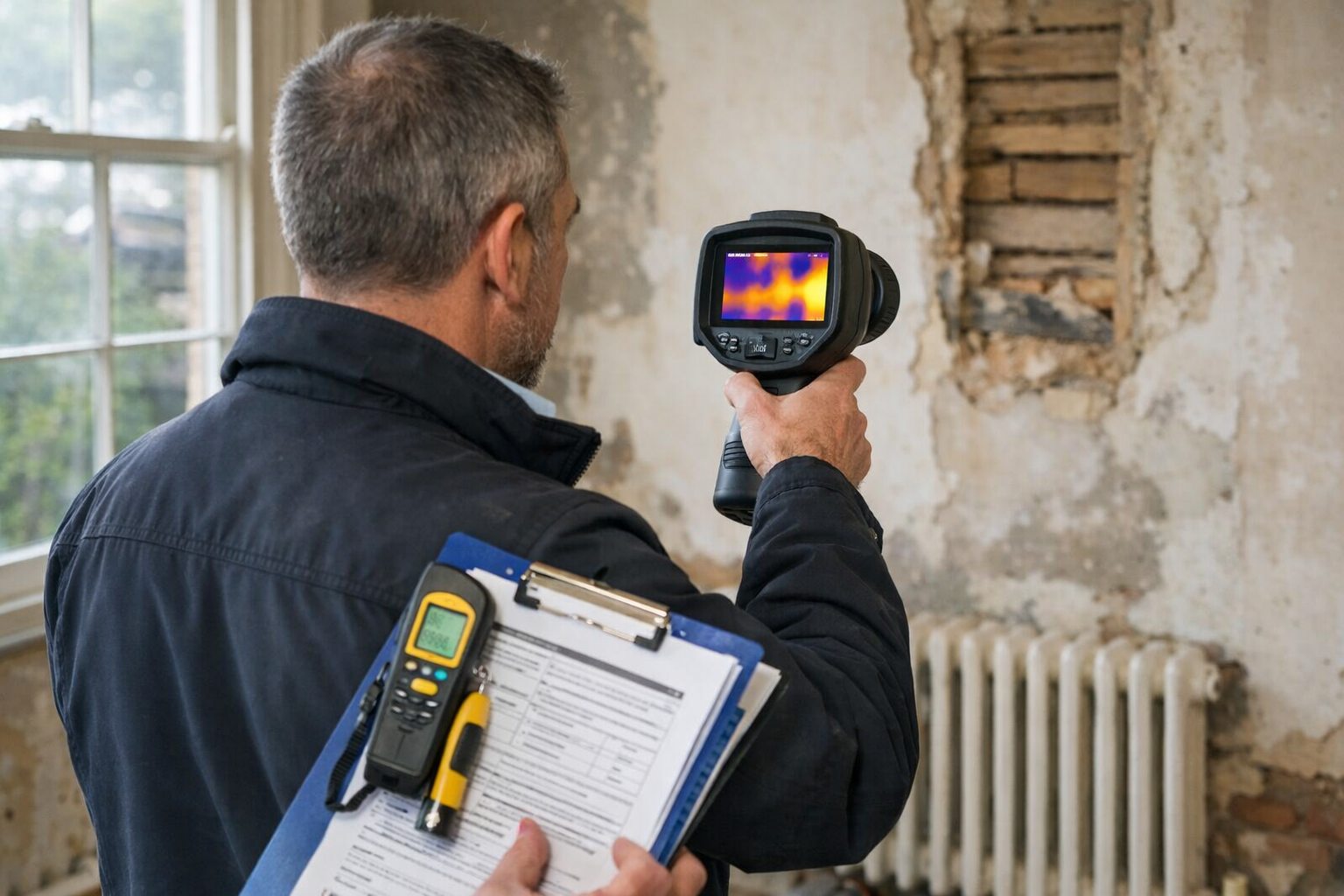 Detailed landscape format (1536x1024) photograph of professional RICS surveyor conducting thermal imaging inspection inside UK property, hol