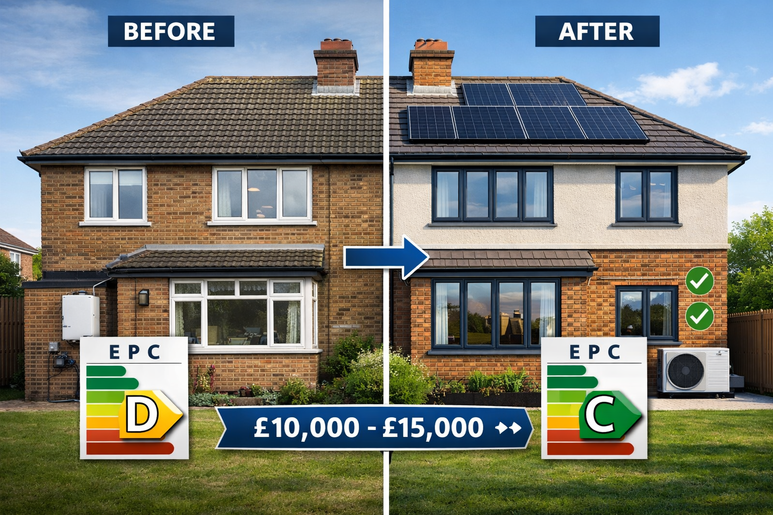 Detailed landscape format (1536x1024) split-screen comparison image showing 'Before' and 'After' retrofit scenarios: left side displays olde