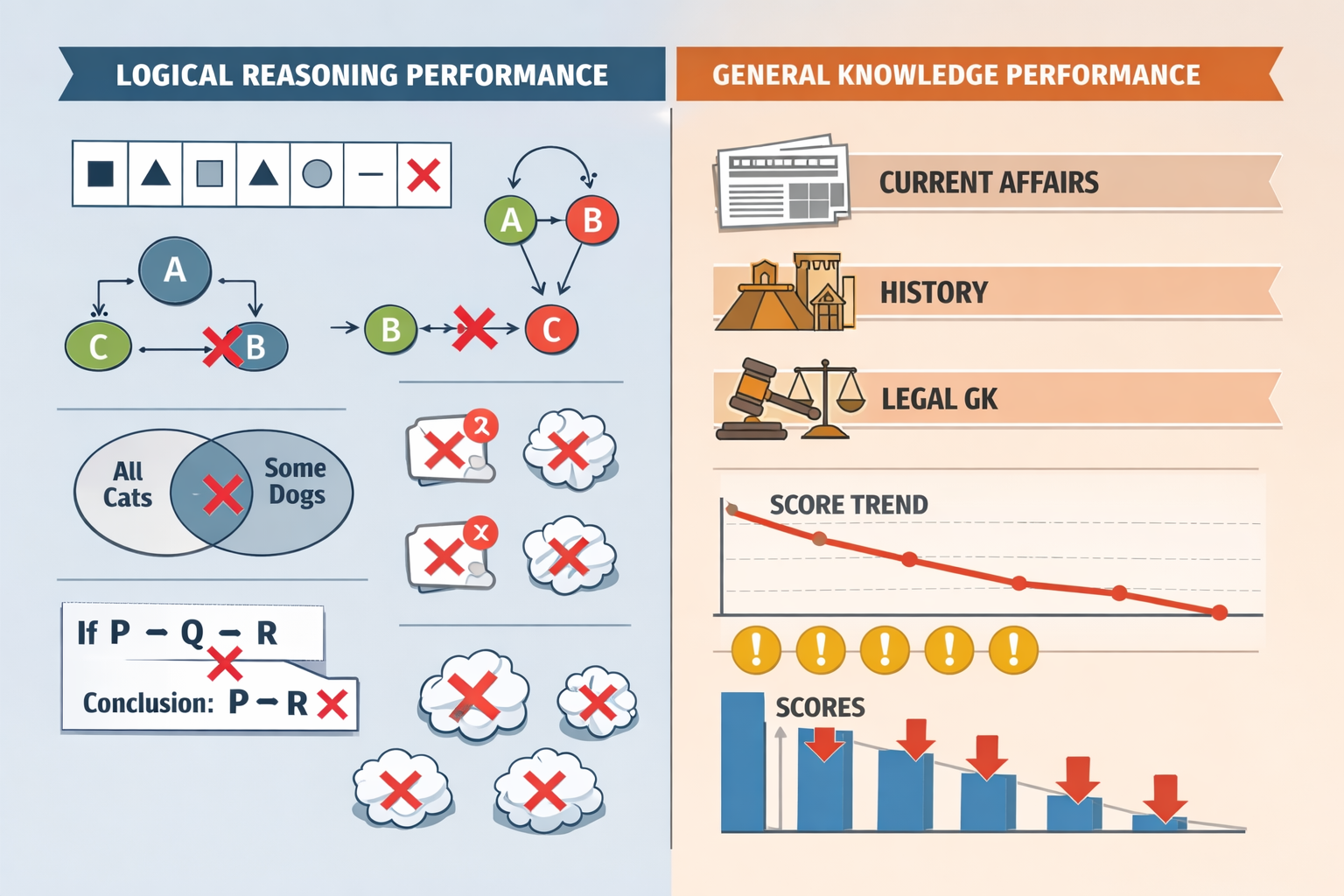 Landscape format (1536x1024) analytical visualization showing split-screen comparison of logical reasoning section performance - left side d