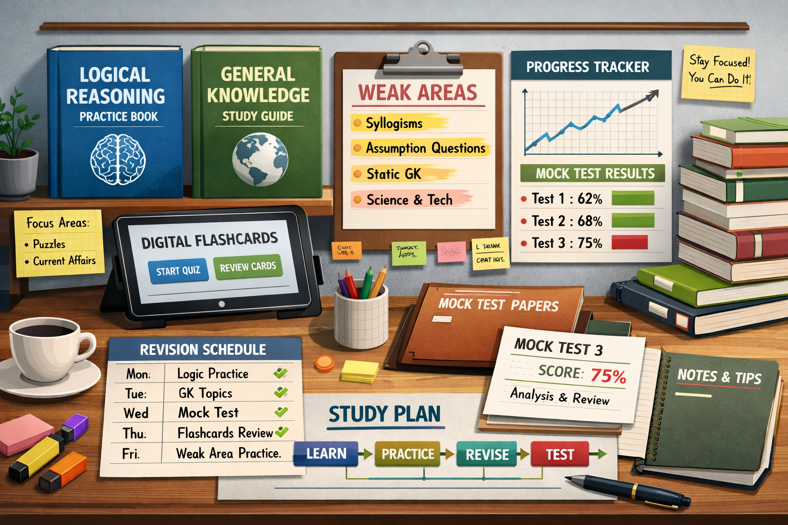Landscape format (1536x1024) detailed study strategy illustration showing organized preparation materials for logical reasoning and general 