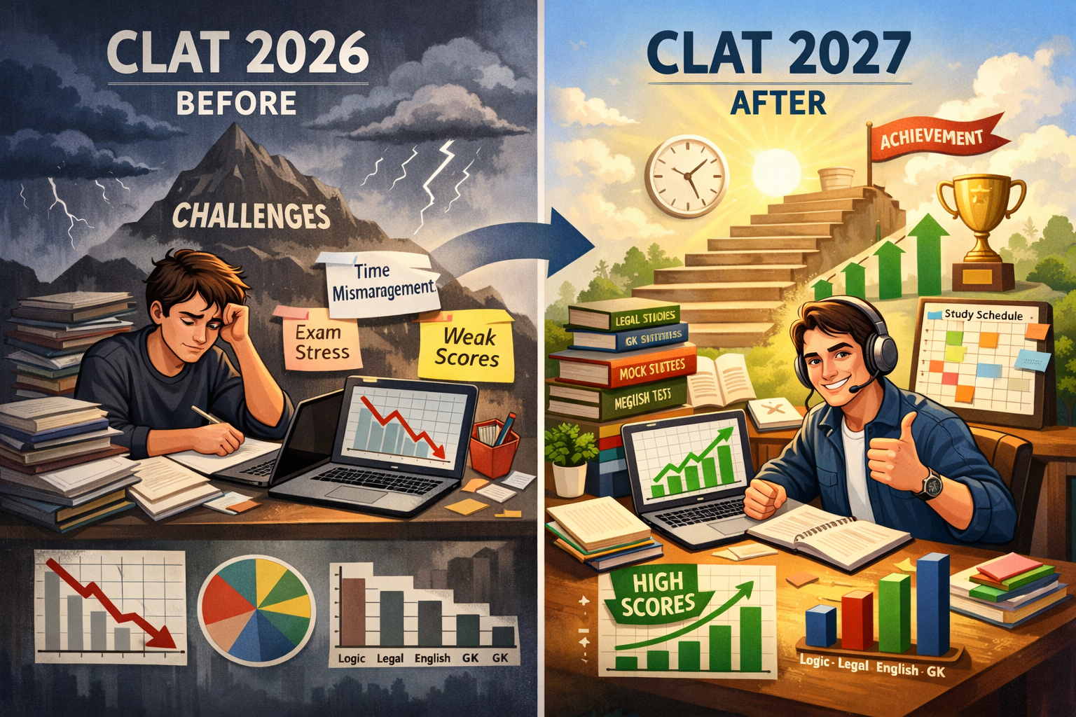Landscape format (1536x1024) success transformation visual depicting the journey from CLAT 2026 challenges to 2027 preparation excellence - 