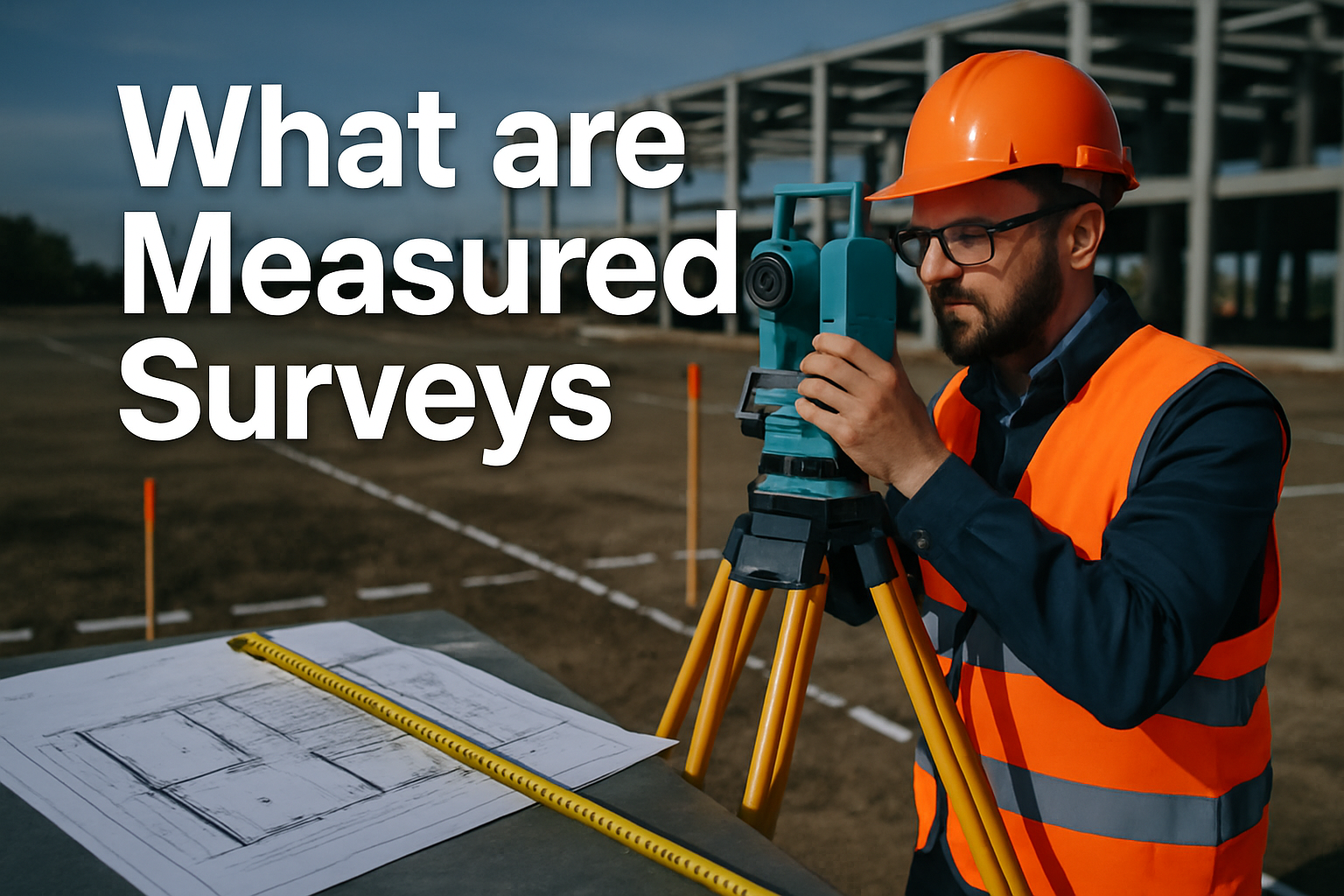 Professional landscape hero image (1536x1024) featuring bold text overlay 'What are Measured Surveys' in extra large 72pt white sans-serif f