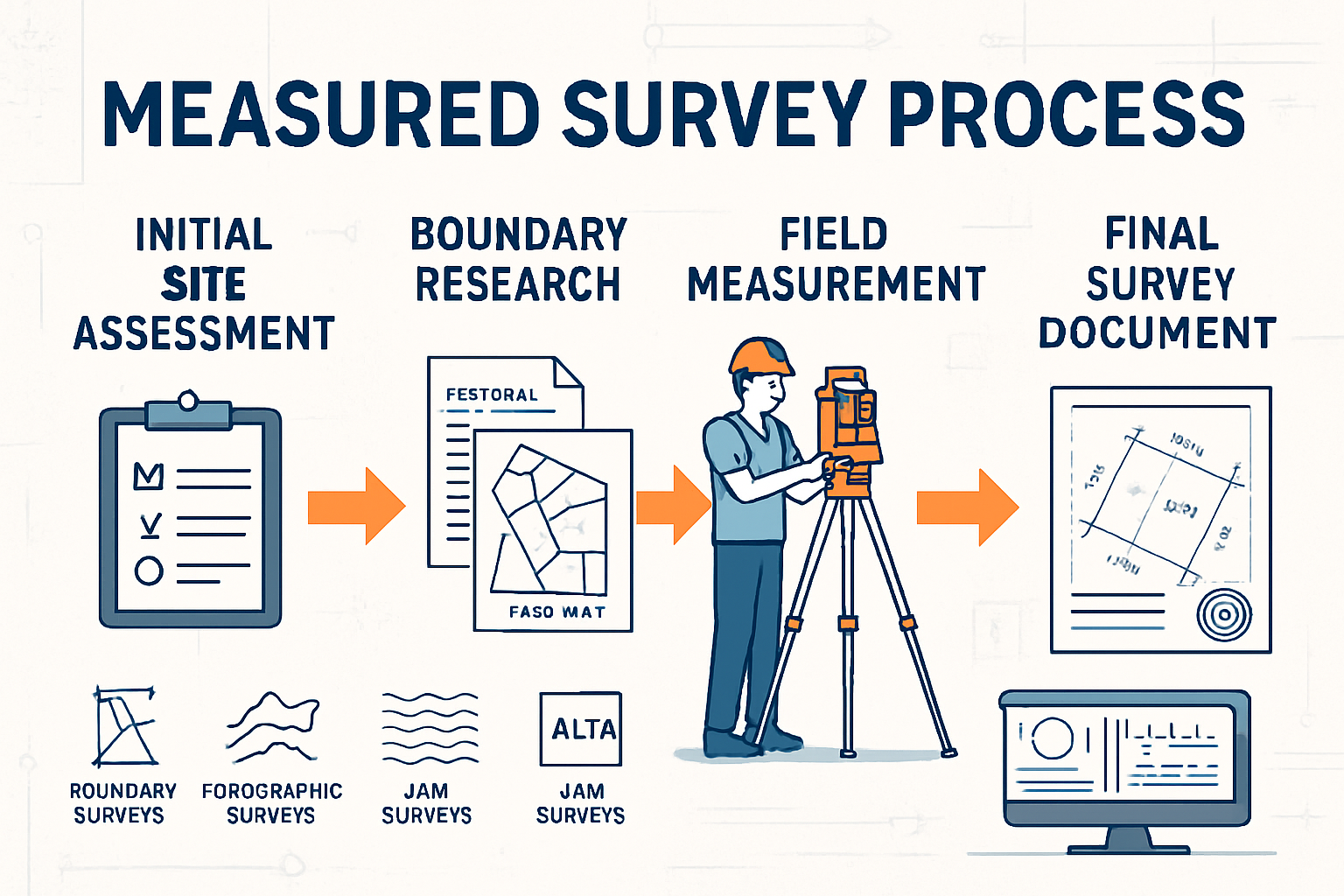 Professional infographic-style image displaying measured survey process workflow from start to finish. Visual timeline showing five stages: 