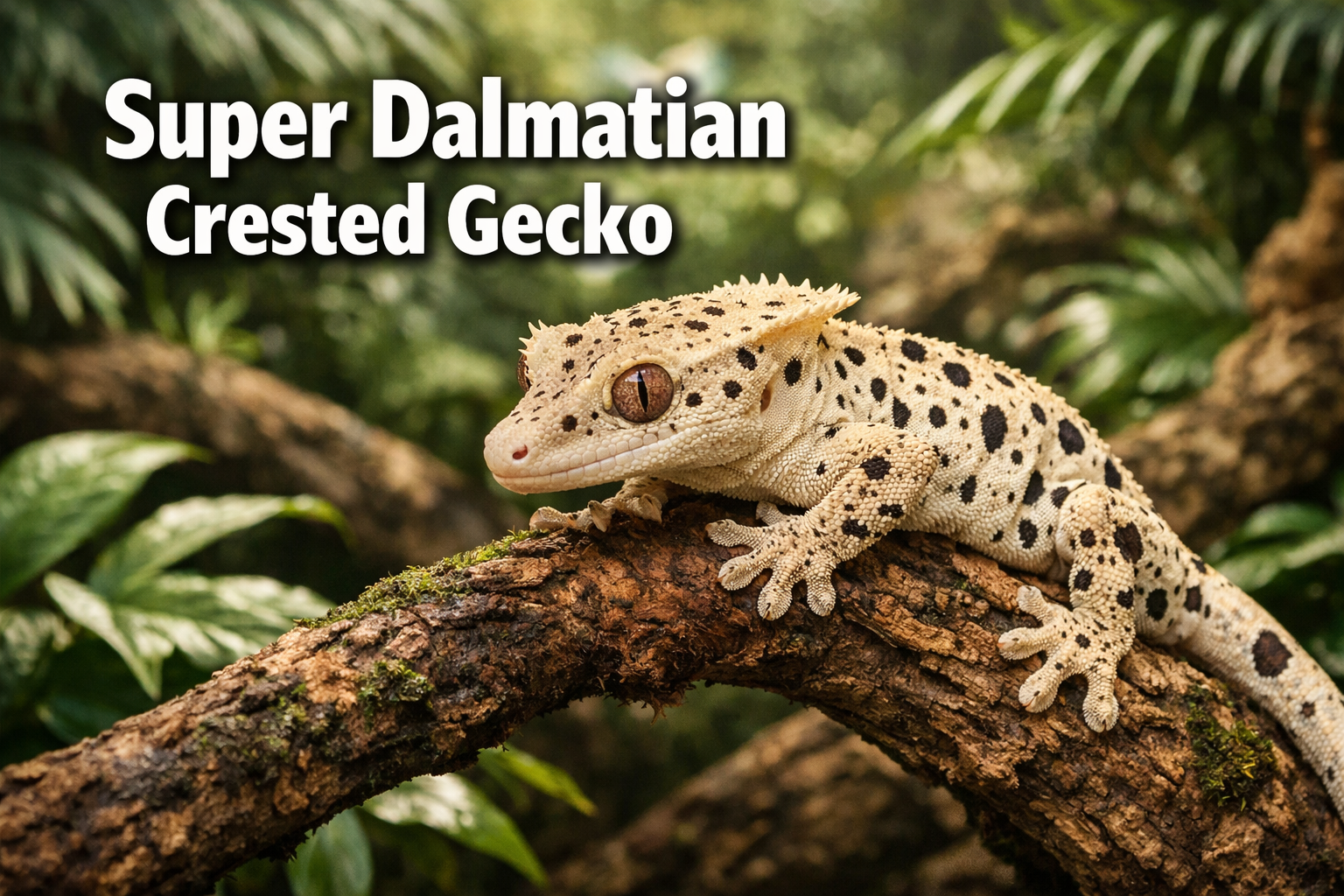 Professional landscape format (1536x1024) hero image featuring a stunning super dalmatian crested gecko with distinctive spotted pattern per
