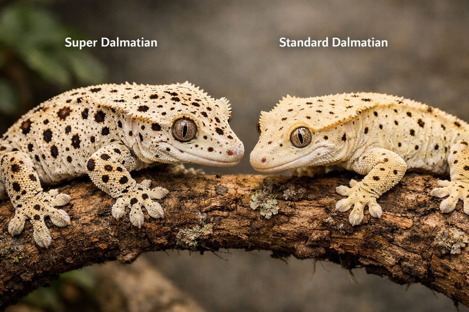 Detailed landscape format (1536x1024) image showing close-up comparison of super dalmatian crested gecko next to regular dalmatian morph, hi