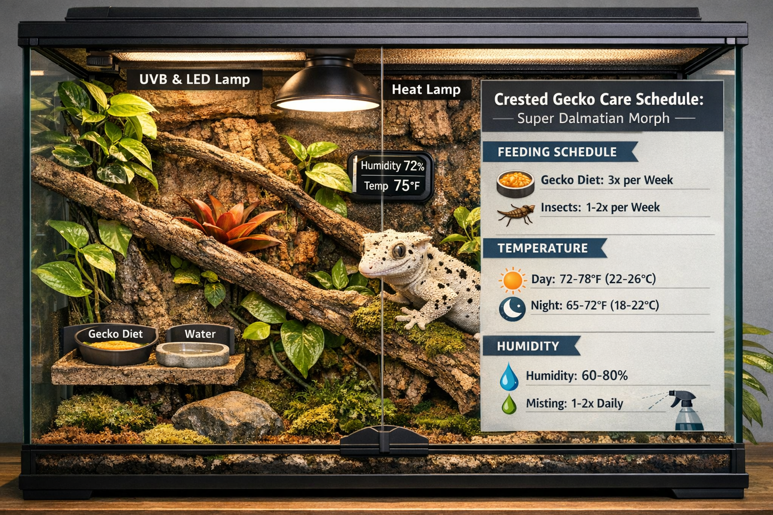 Professional landscape format (1536x1024) image depicting a complete crested gecko habitat setup specifically designed for super dalmatian m