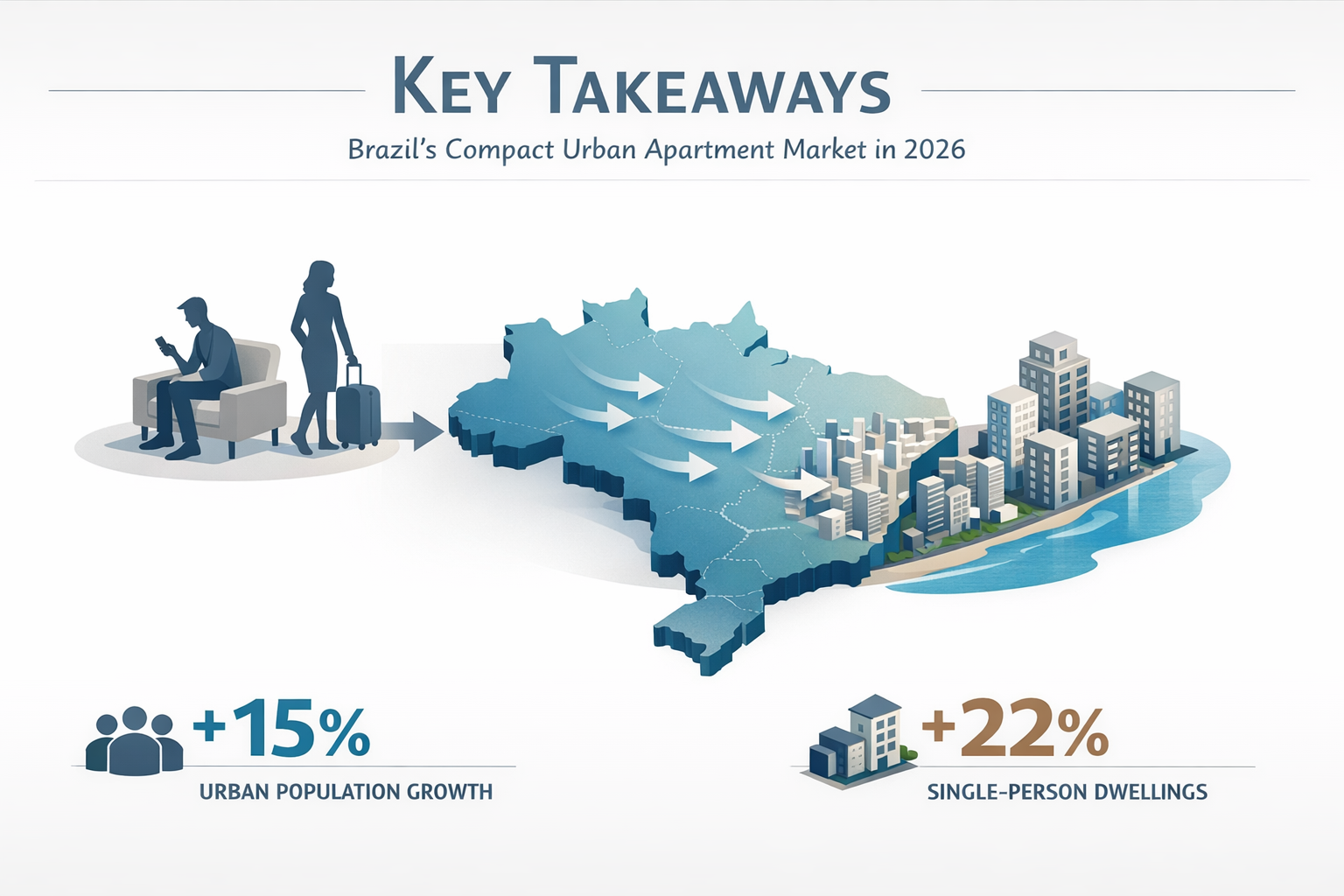 Key Takeaways section infographic: Sleek, minimalist design visualizing Brazil's compact urban apartment market transformation for 2026. Cen