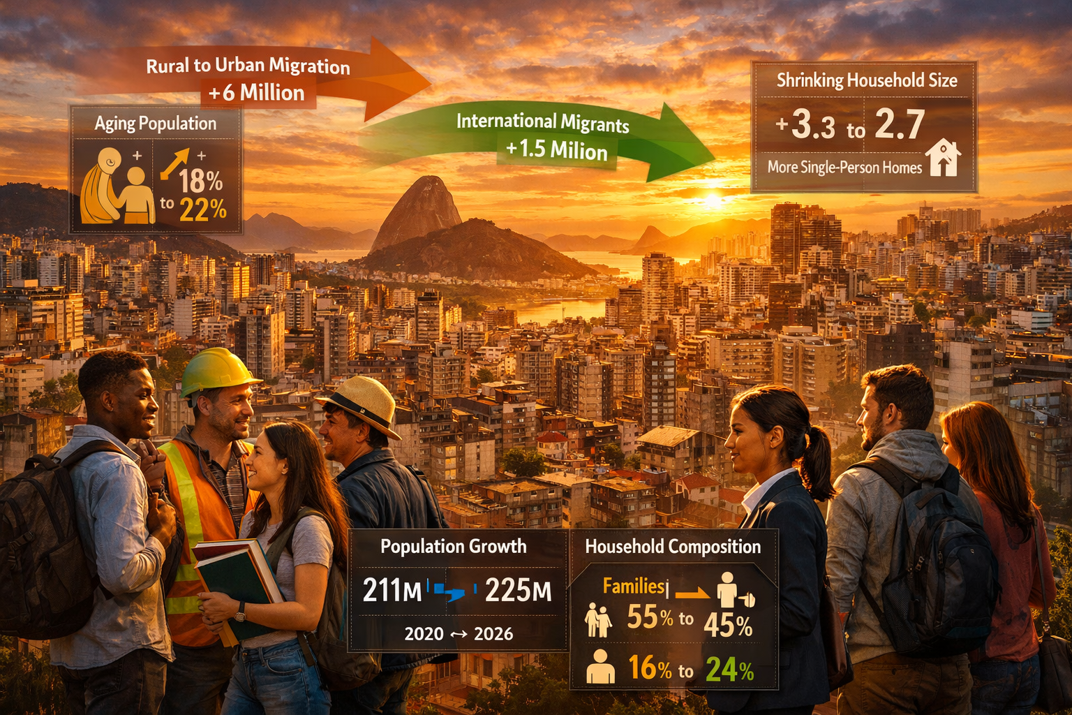 Demographic Revolution section visualization: Panoramic urban landscape of São Paulo or Rio de Janeiro, showing dramatic skyline with emergi