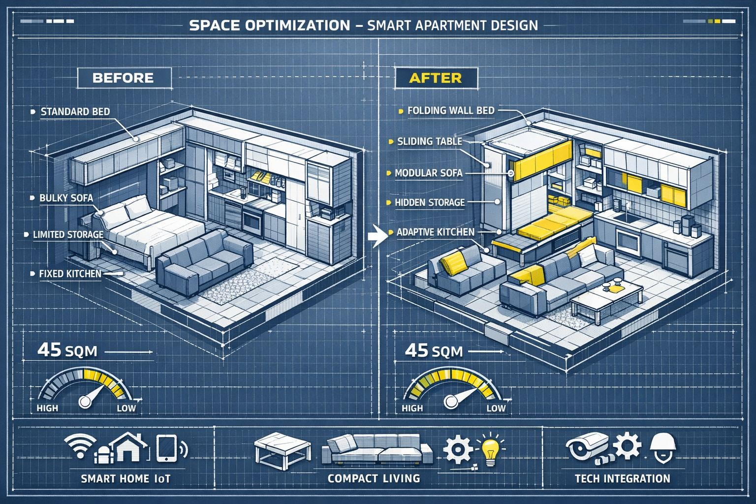 Compact Urban Apartments Innovation section: Cutaway architectural rendering showcasing intelligent space optimization in Brazilian urban ap