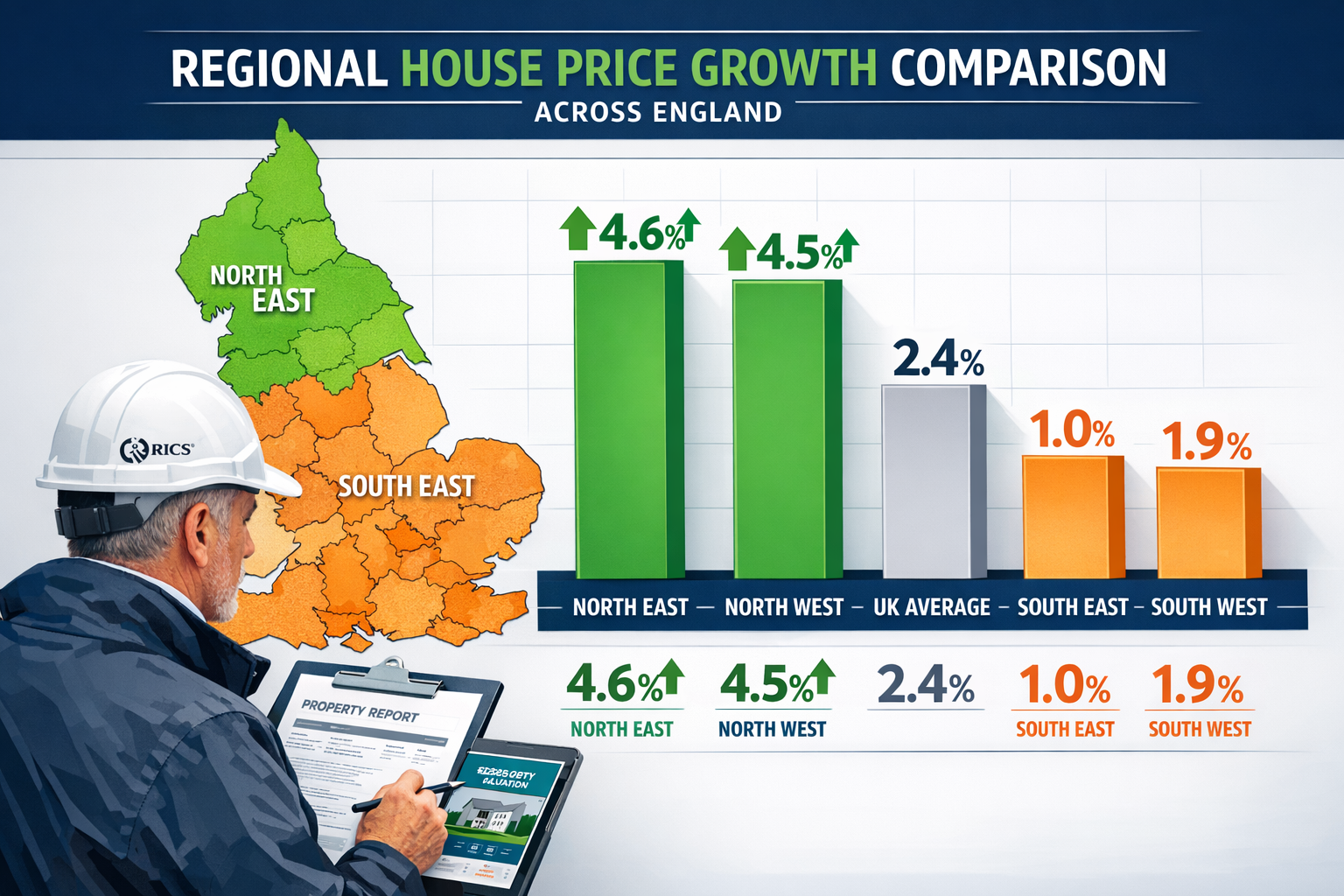 Landscape format (1536x1024) detailed infographic showing regional house price growth comparison across England with prominent bar chart dis