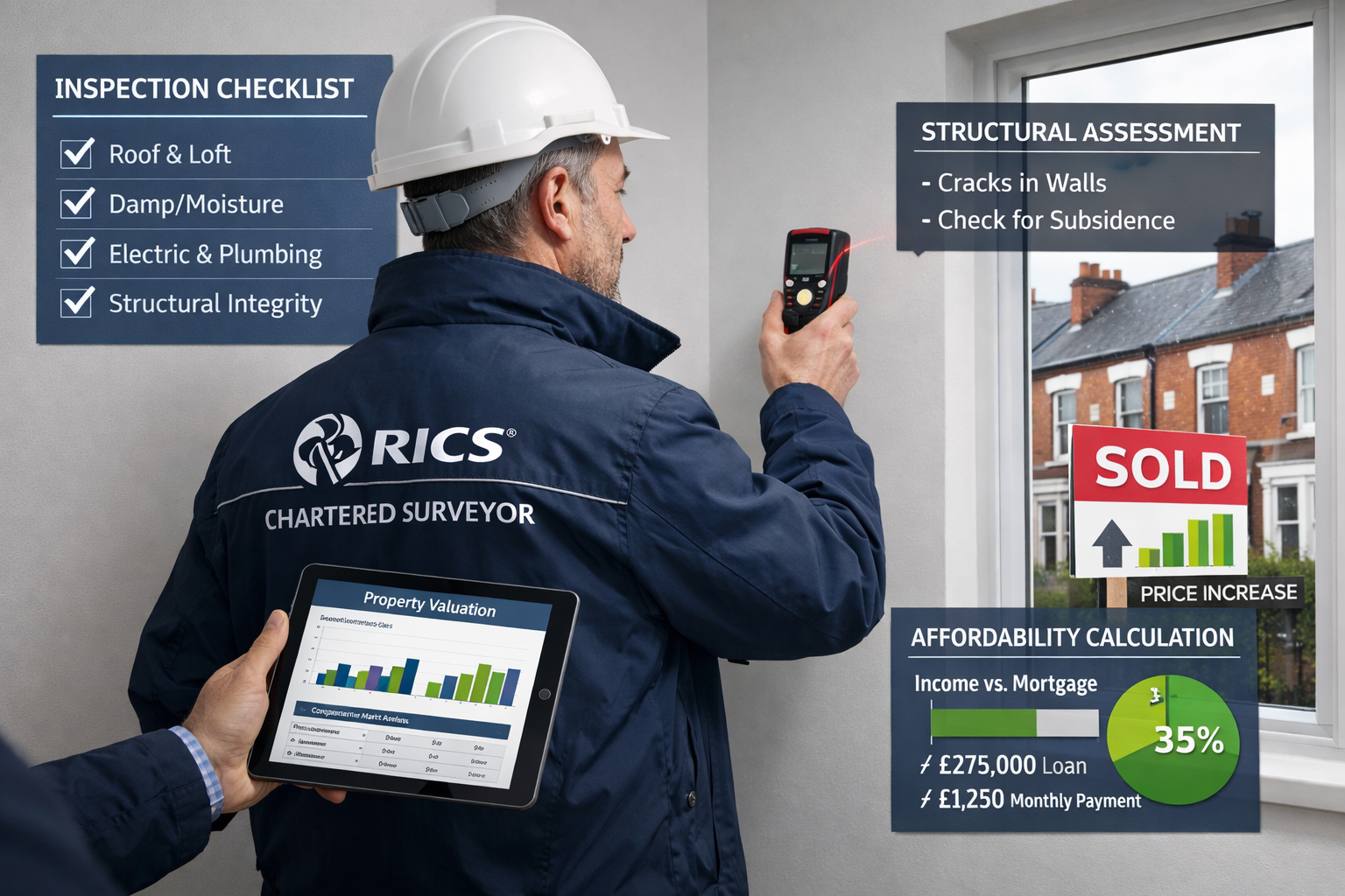 Landscape format (1536x1024) professional scene showing RICS chartered surveyor conducting detailed property inspection in modern Northern E