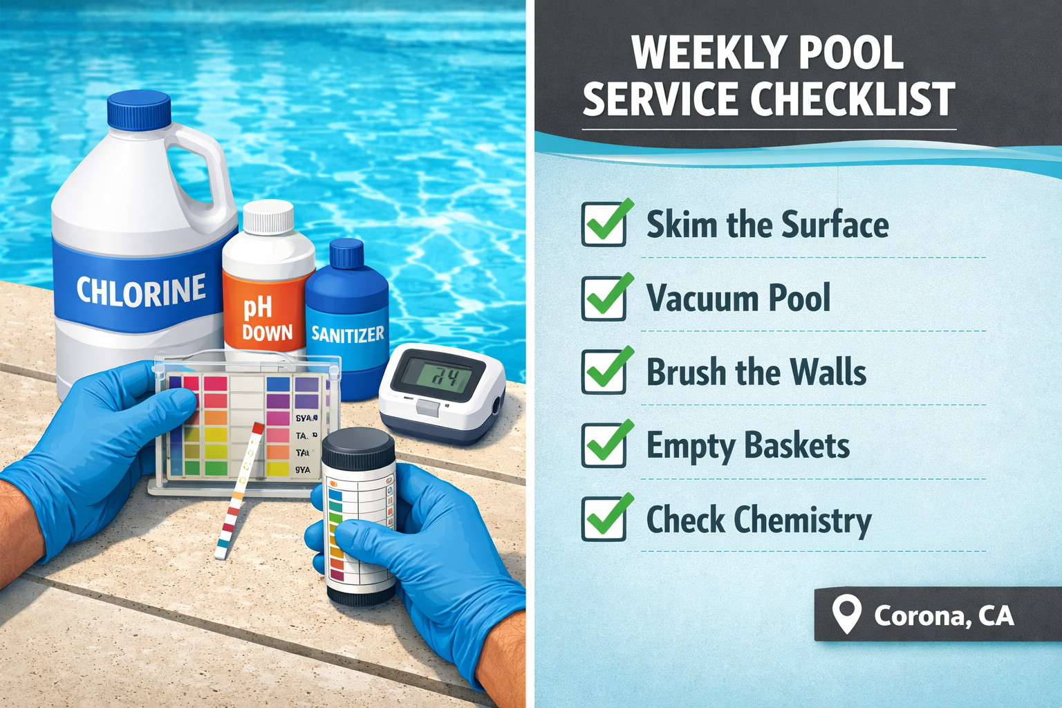 Detailed () editorial infographic illustration showing a split-panel view of a weekly pool cleaning service checklist in