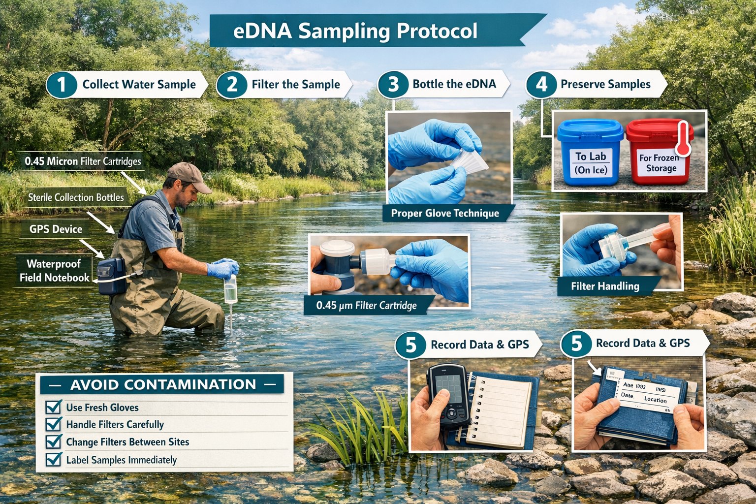 () detailed illustration showing standardized eDNA sampling protocol workflow in aquatic ecosystem. Scene depicts field