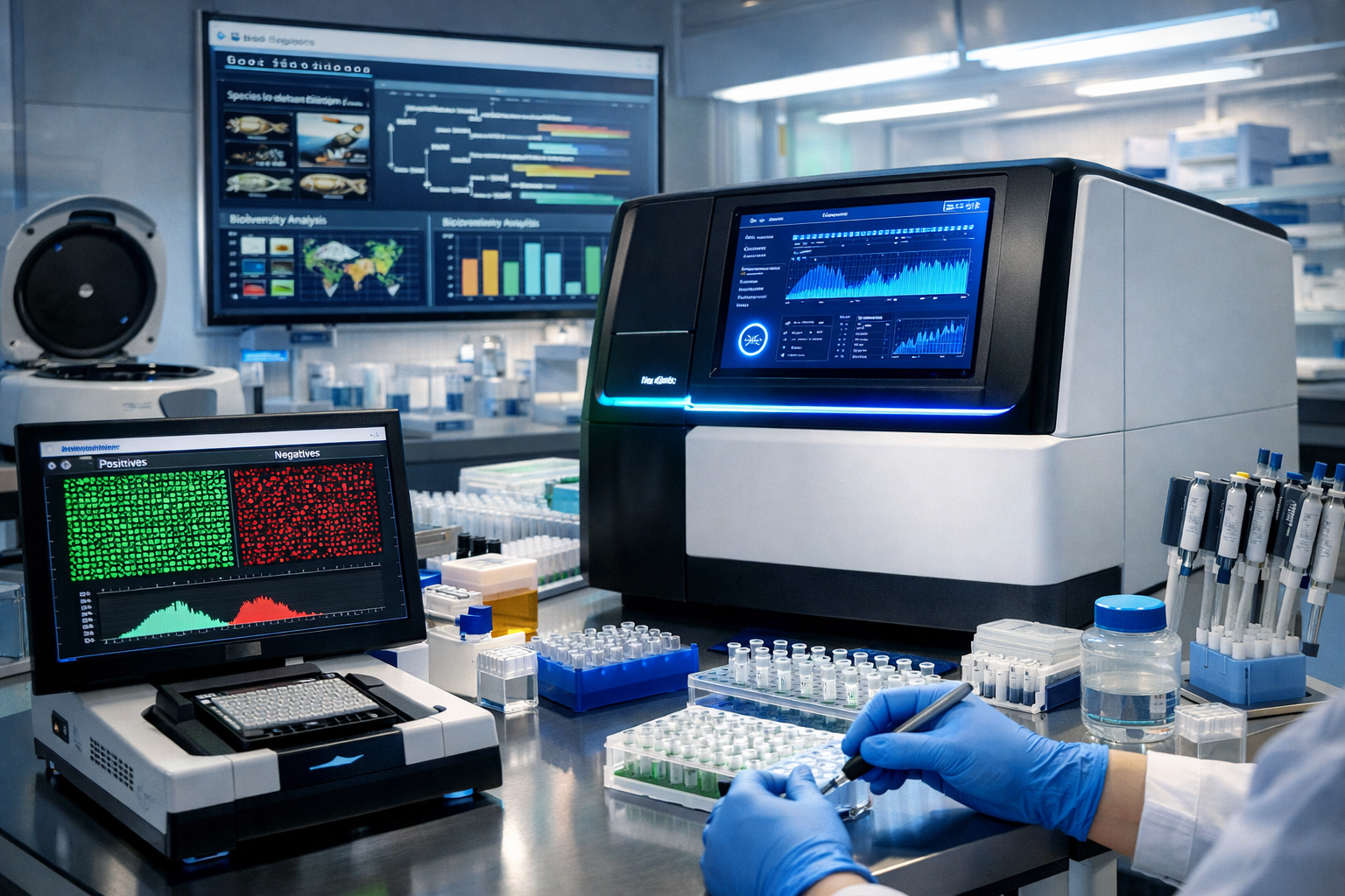 () advanced molecular laboratory workspace showcasing Next-Generation Sequencing and digital PCR technologies for eDNA