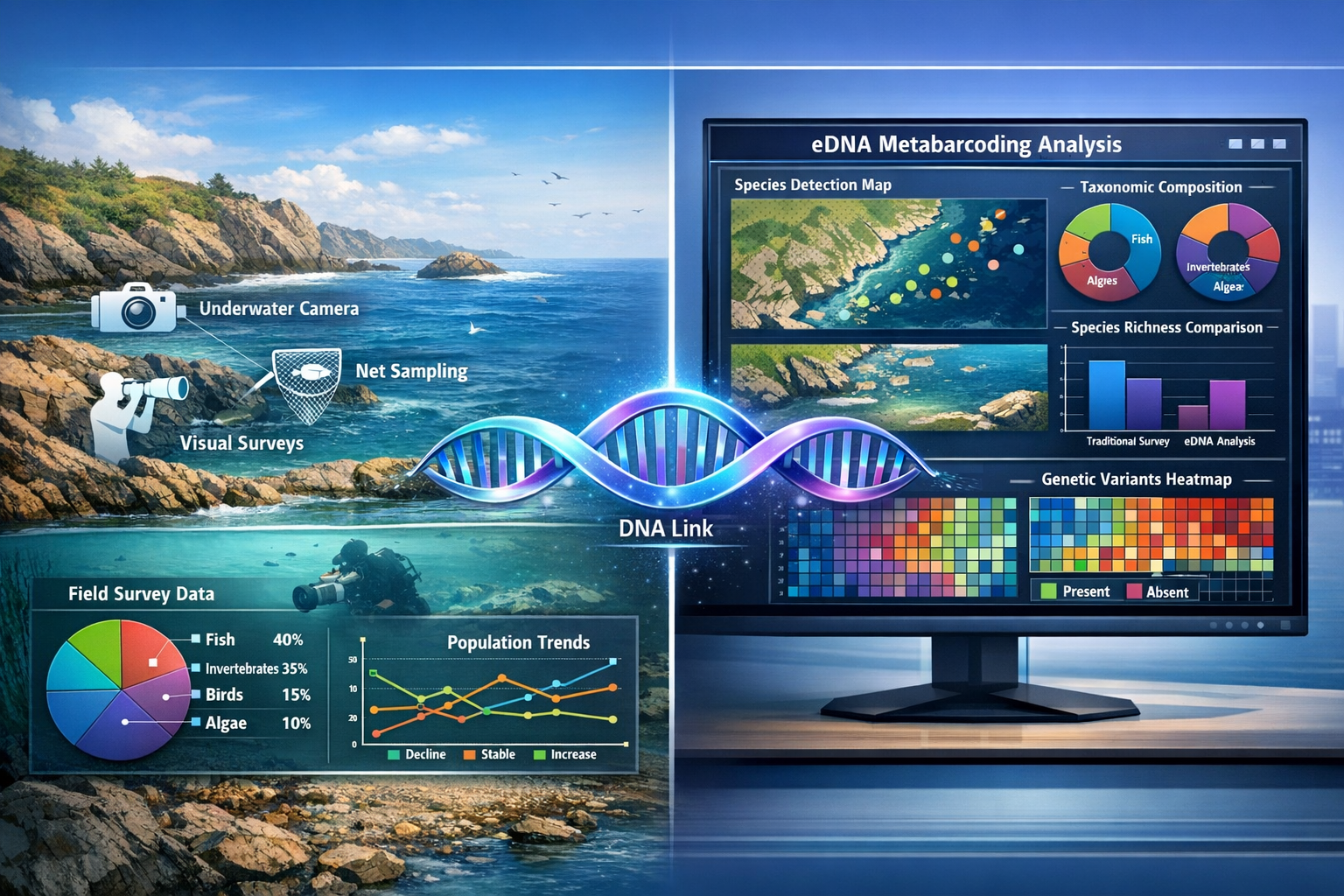 () comprehensive biodiversity monitoring results visualization combining field survey data with eDNA genetic analysis.