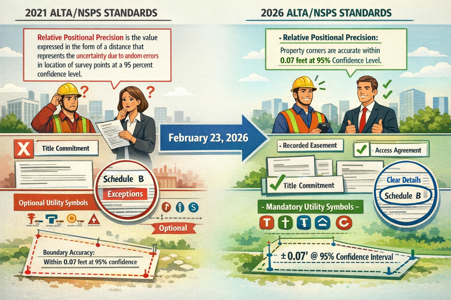 Detailed landscape format (1536x1024) illustration showing side-by-side comparison of 2021 vs 2026 ALTA/NSPS standards with highlighted chan