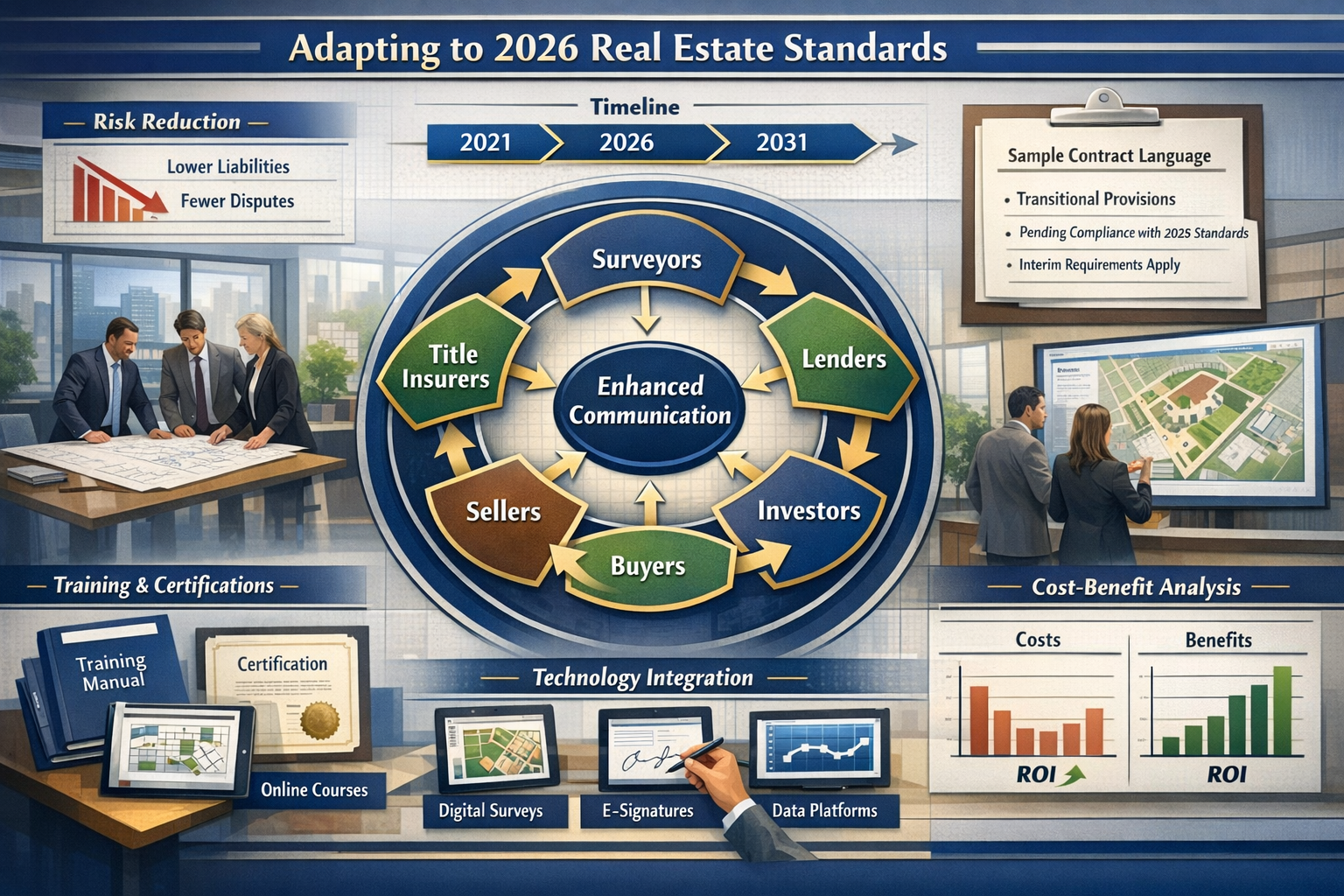 Detailed landscape format (1536x1024) strategic planning visualization for real estate professionals adapting to 2026 standards. Center show