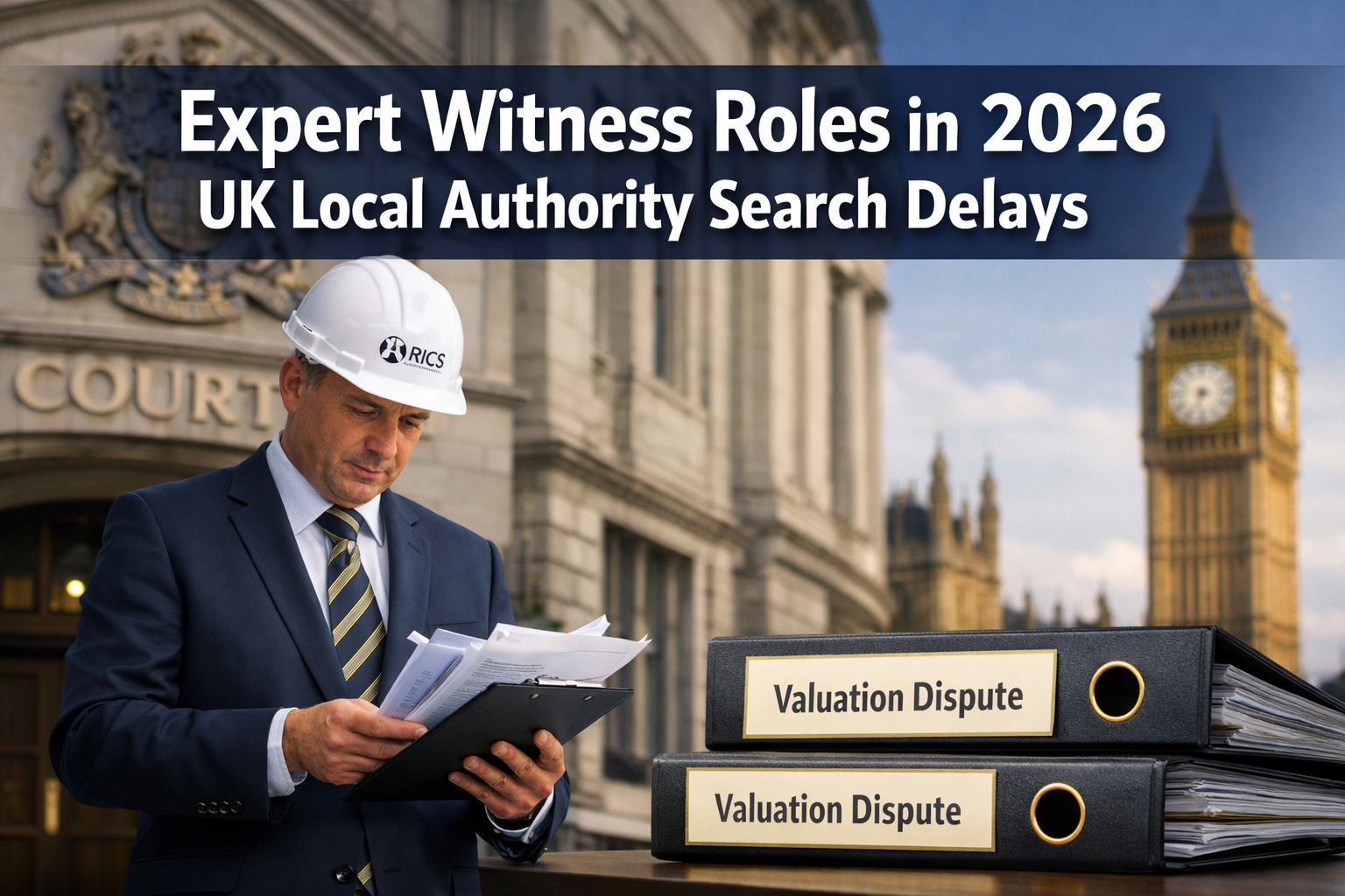 Professional landscape format (1536x1024) hero image featuring bold text overlay 'Expert Witness Roles in 2026 UK Local Authority Search Del