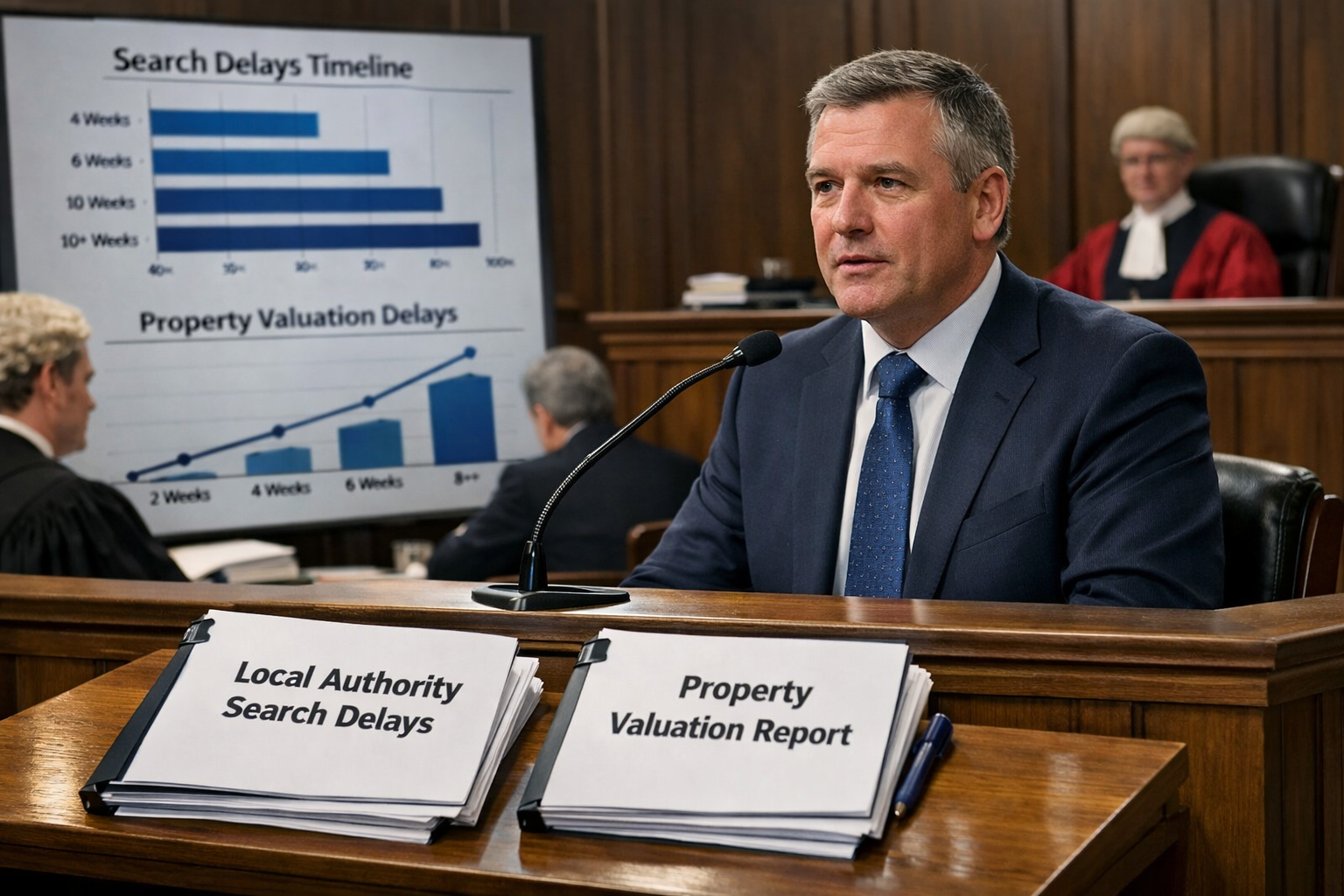 Landscape format (1536x1024) editorial image showing RICS qualified expert witness in formal business attire testifying in UK courtroom sett