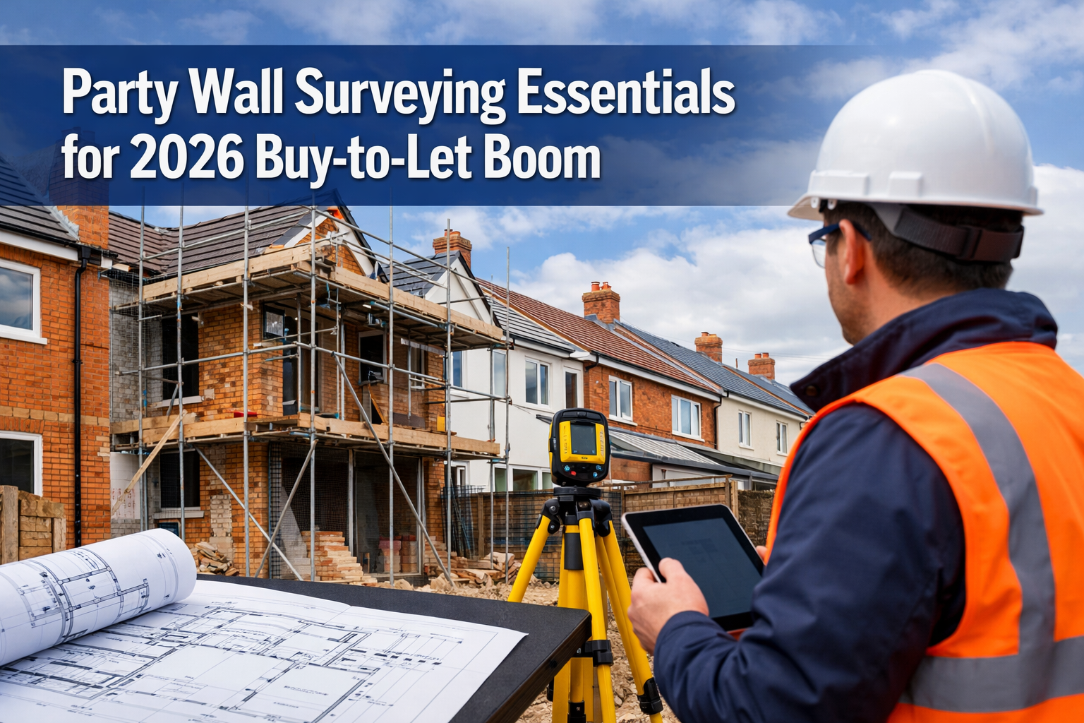Professional () hero image featuring 'Party Wall Surveying Essentials for 2026 Buy-to-Let Boom' in extra large white with