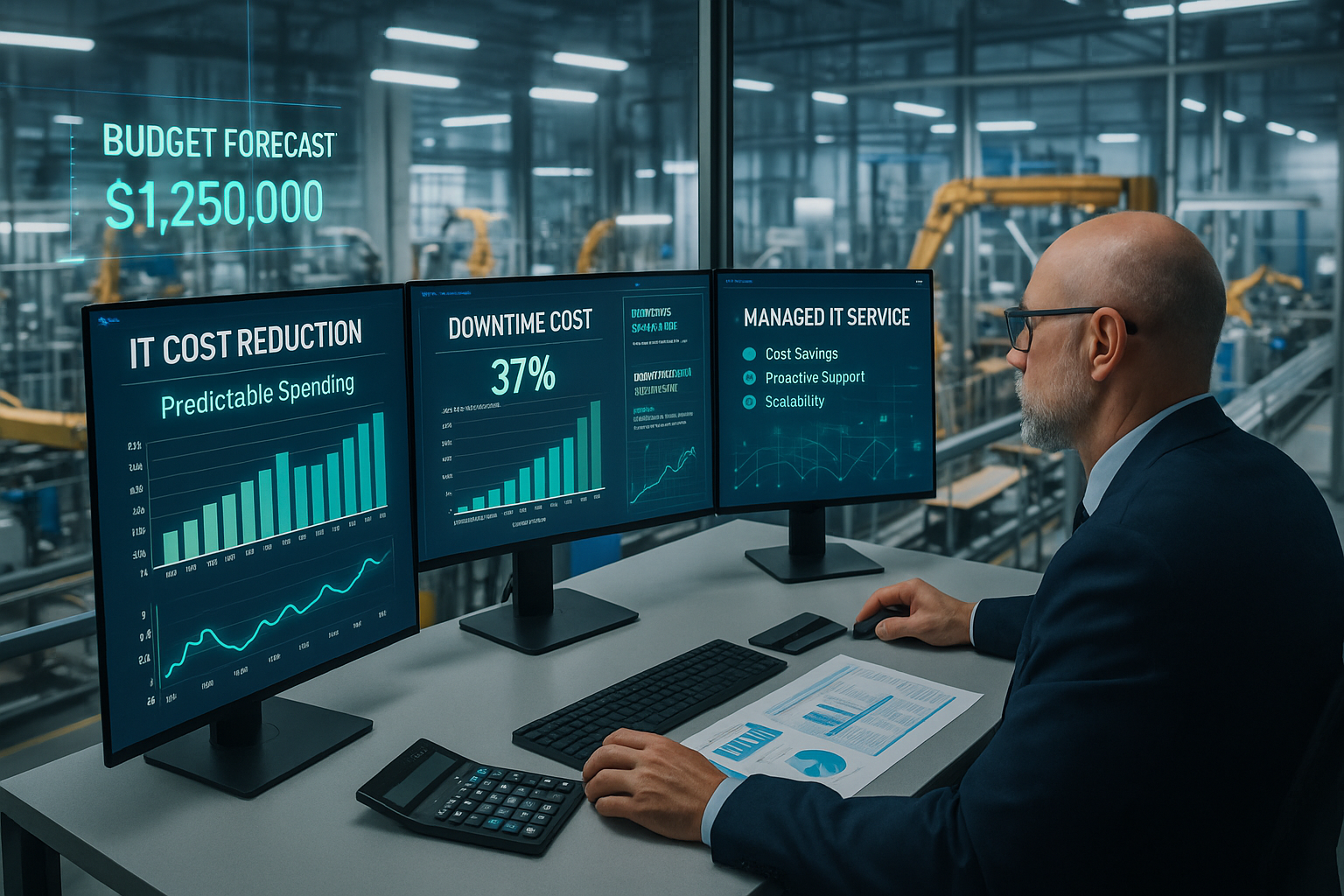 Manufacturing CFO in modern office reviewing financial dashboards on multiple monitors showing IT cost reduction metrics, predictable spendi
