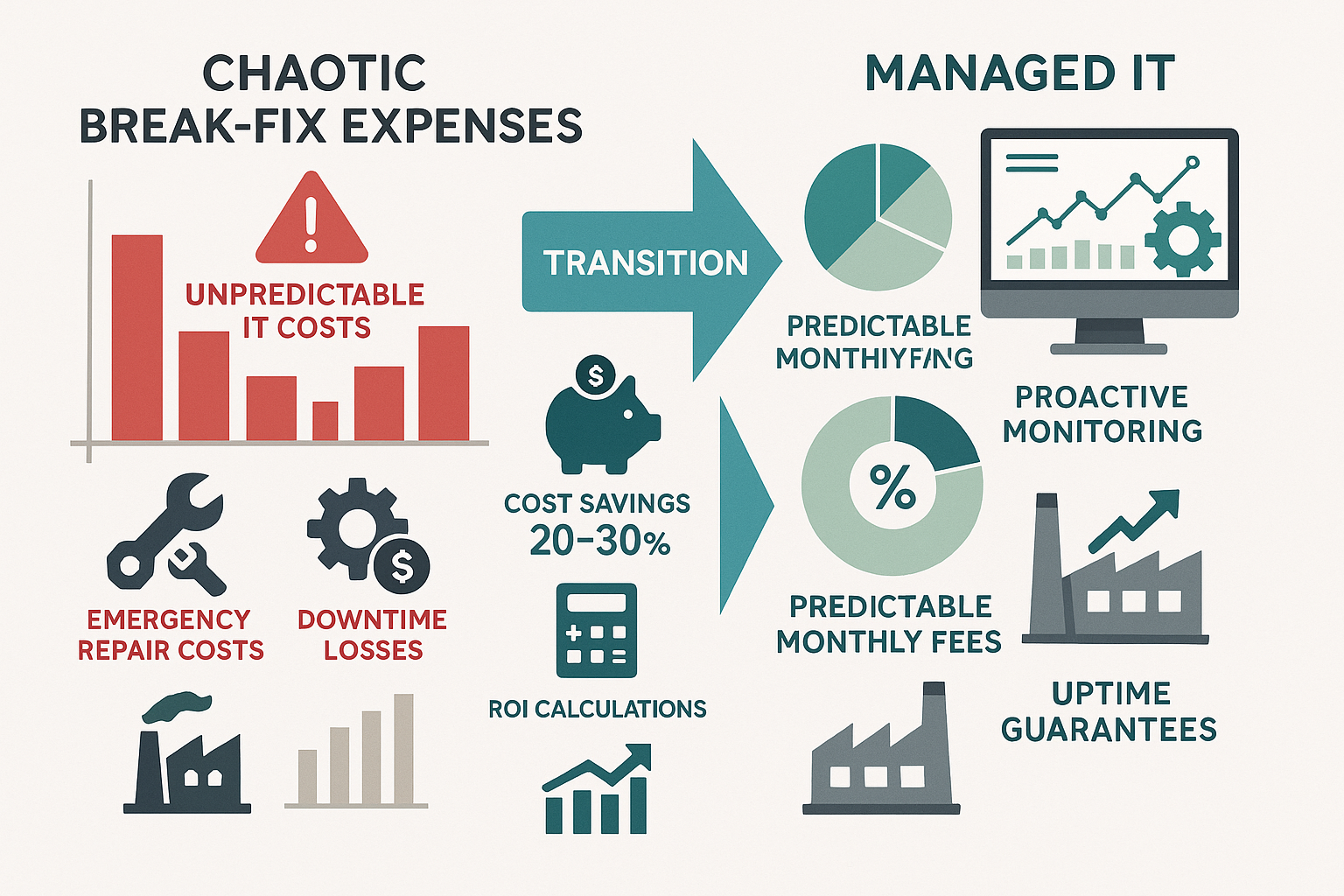 Detailed infographic showing transformation from unpredictable IT costs to fixed monthly OPEX model. Left side displays chaotic break-fix ex