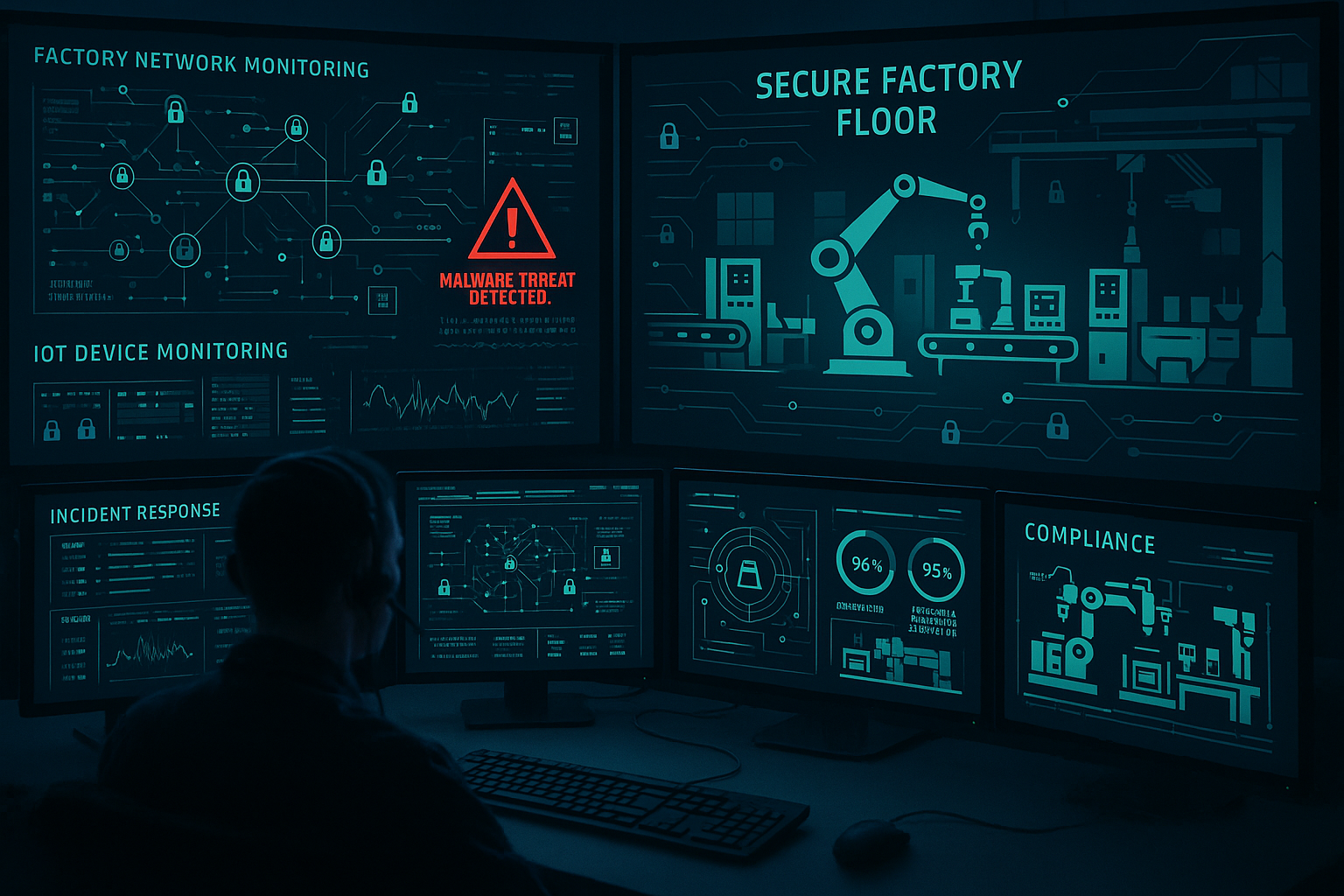 Cybersecurity command center focused on manufacturing protection with multiple screens showing factory network monitoring, threat detection 
