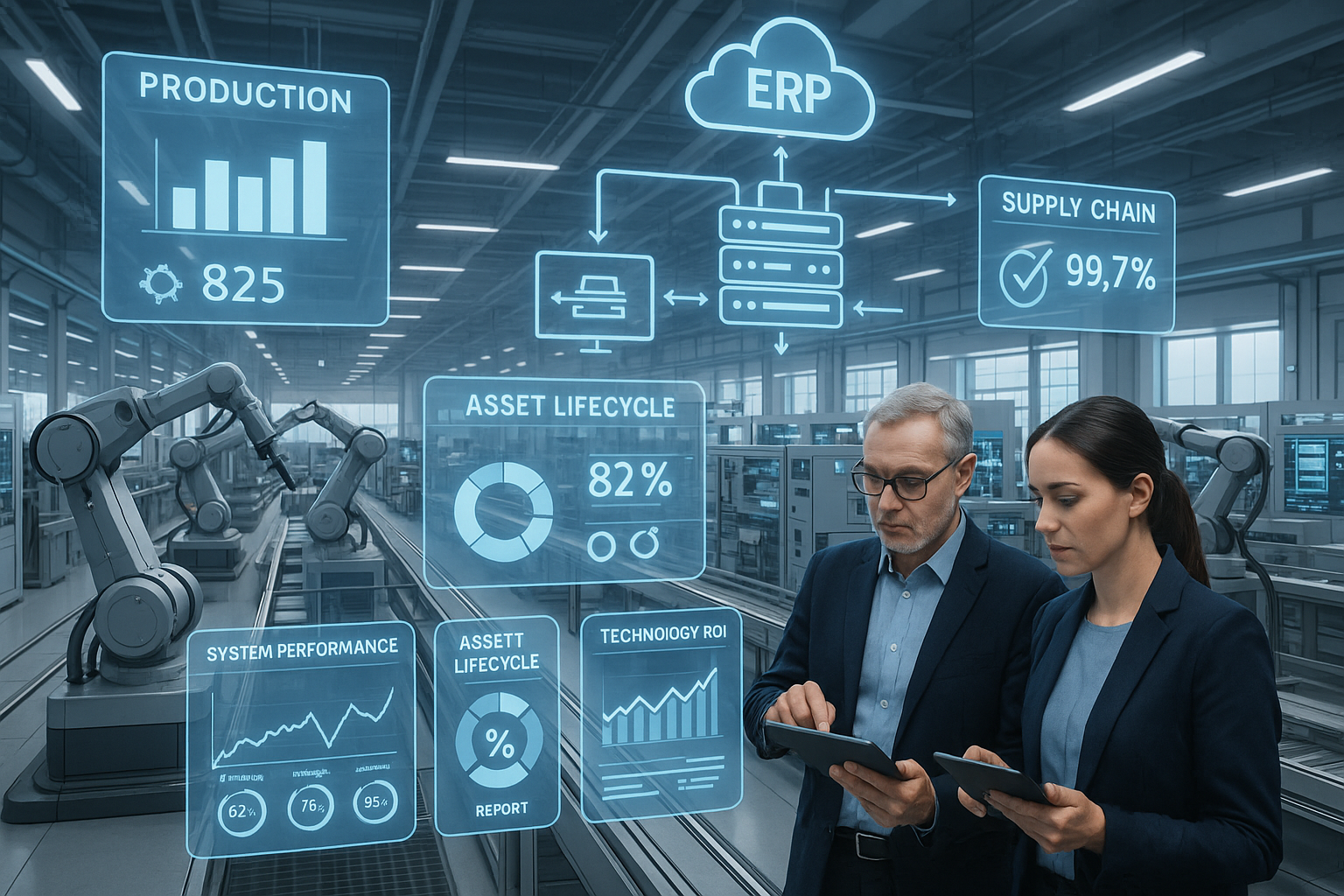 Modern smart factory showcasing Industry 4.0 integration with IoT sensors, cloud-based ERP systems, and automated machinery connected throug