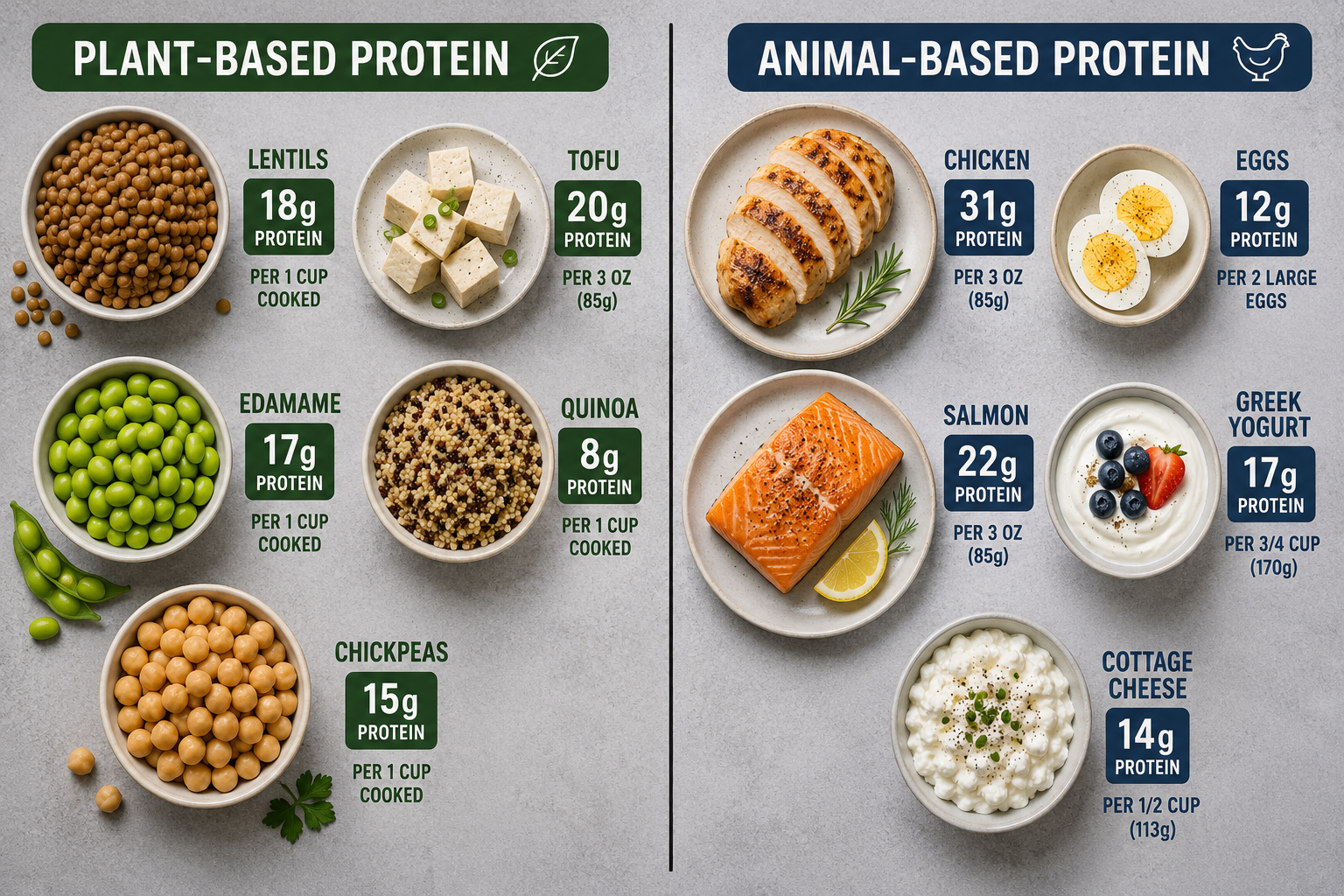 Food For Strong Muscles and Bones Landscape format (1536x1024) side-by-side comparison visual showing plant-based protein sources (lentils, tofu, edamame, quinoa, chickpeas) on the left half versus animal-based protein sources (chicken, eggs, salmon, Greek yogurt, cottage cheese) on the right half, divided by a clean vertical line. Each food labeled with protein content per serving in bold text. Neutral gray background, top-down flat-lay perspective, clinical nutrition infographic style, high contrast, professional health editorial quality.