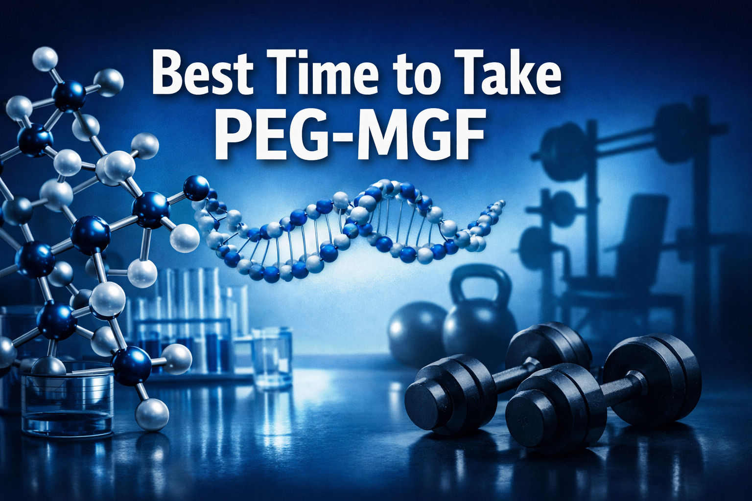 Professional landscape format (1536x1024) hero image featuring bold text overlay 'Best Time to Take PEG-MGF' in extra large 72pt white sans-