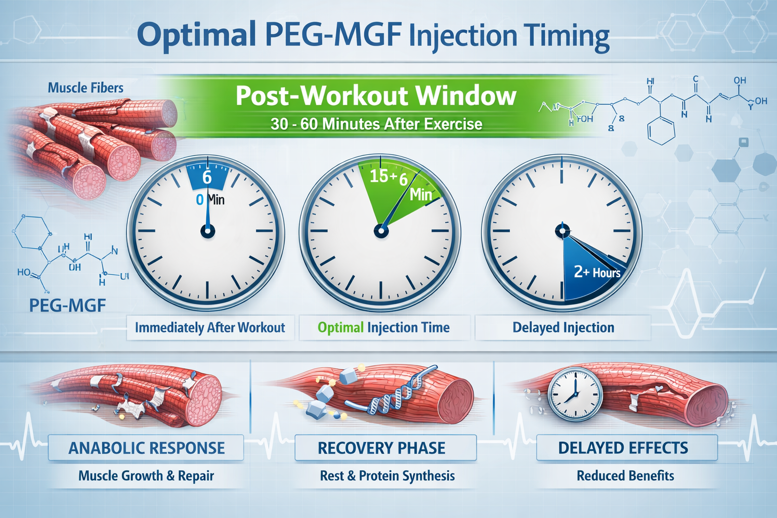 Landscape format (1536x1024) image showing a detailed workout timeline infographic with clock faces displaying optimal PEG-MGF injection win