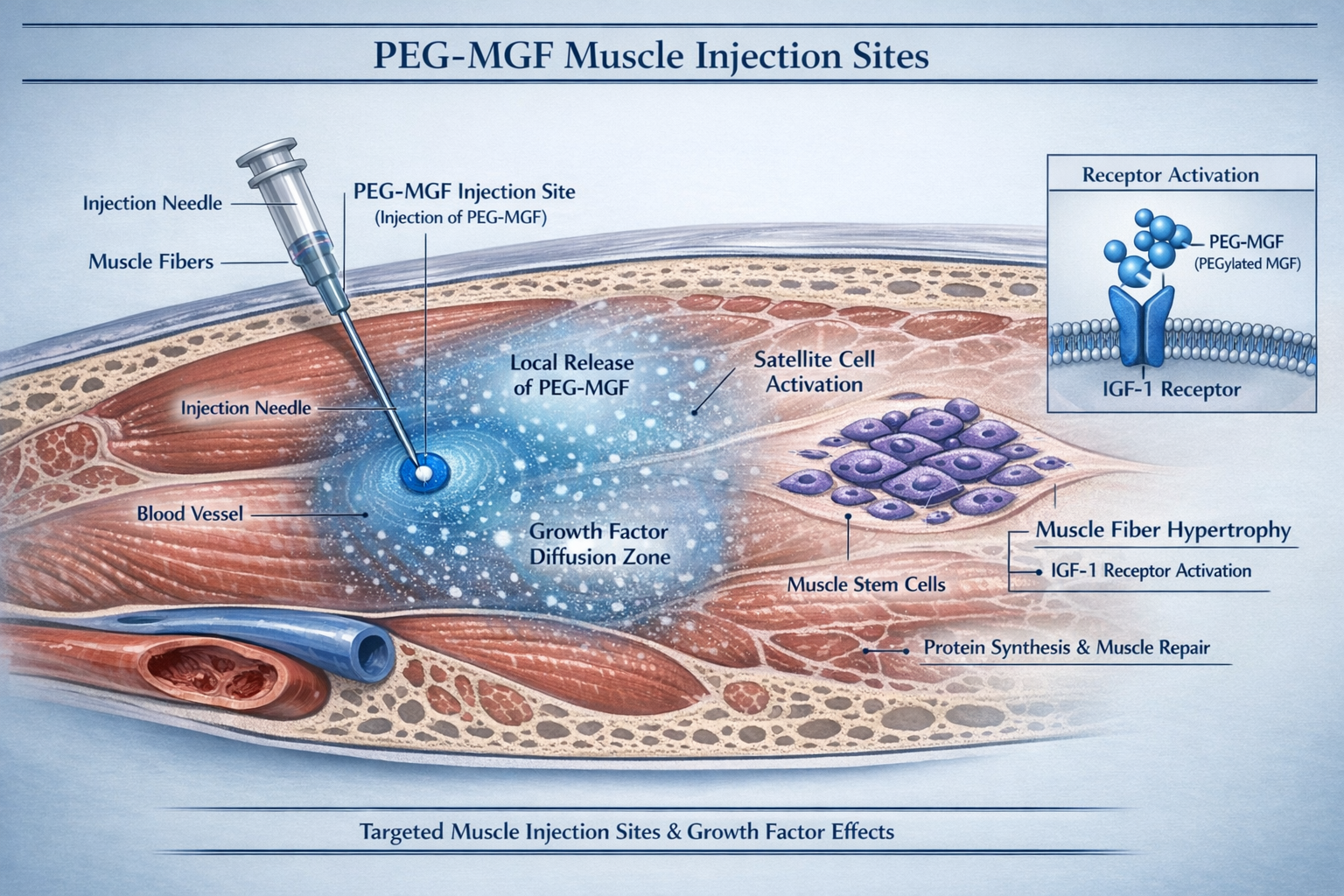 Landscape format (1536x1024) detailed anatomical illustration showing targeted muscle injection sites with PEG-MGF administration. Features 