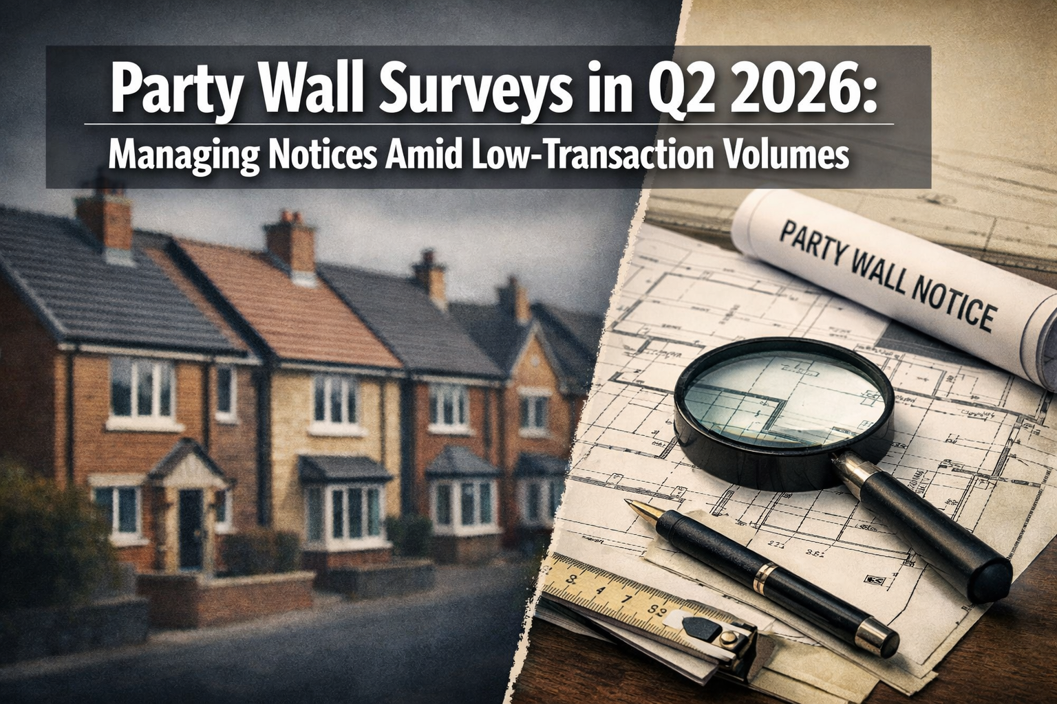 Professional () editorial hero image with 'Party Wall Surveys in Q2 2026: Managing Notices Amid Low-Transaction Volumes' in