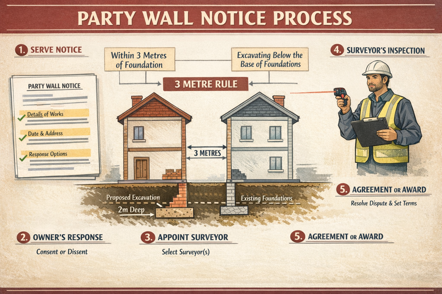 () technical illustration depicting party wall notice process workflow in low-transaction environment. Central flowchart