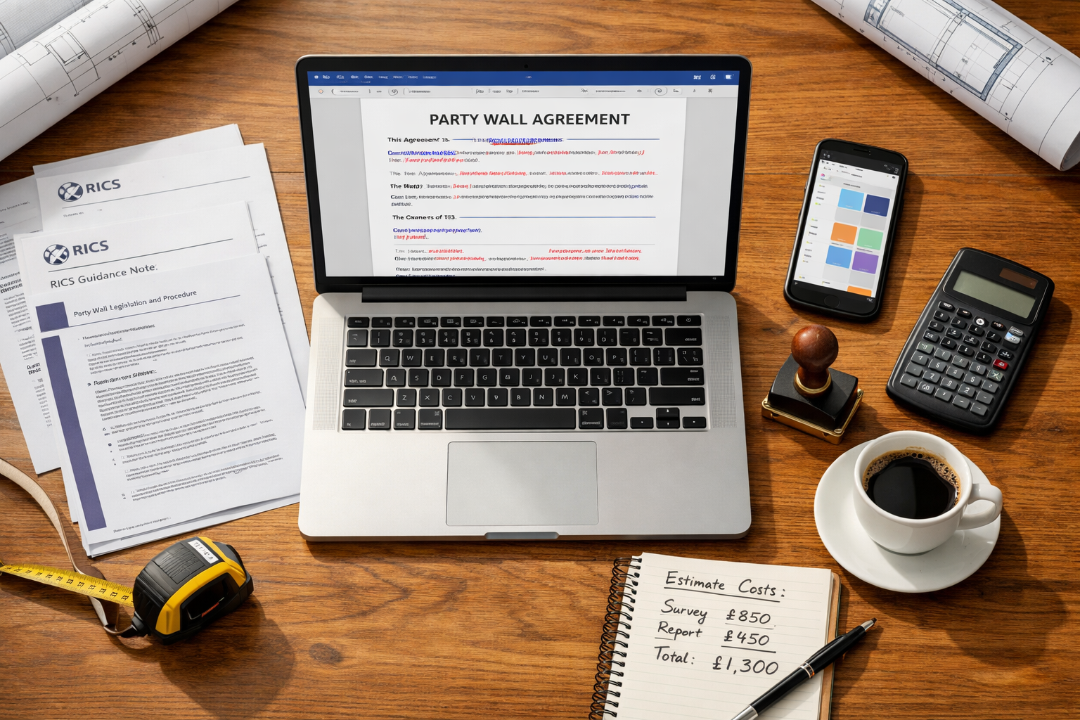 () strategic planning scene showing modern surveyor's office desk from overhead perspective. Central focus on open laptop