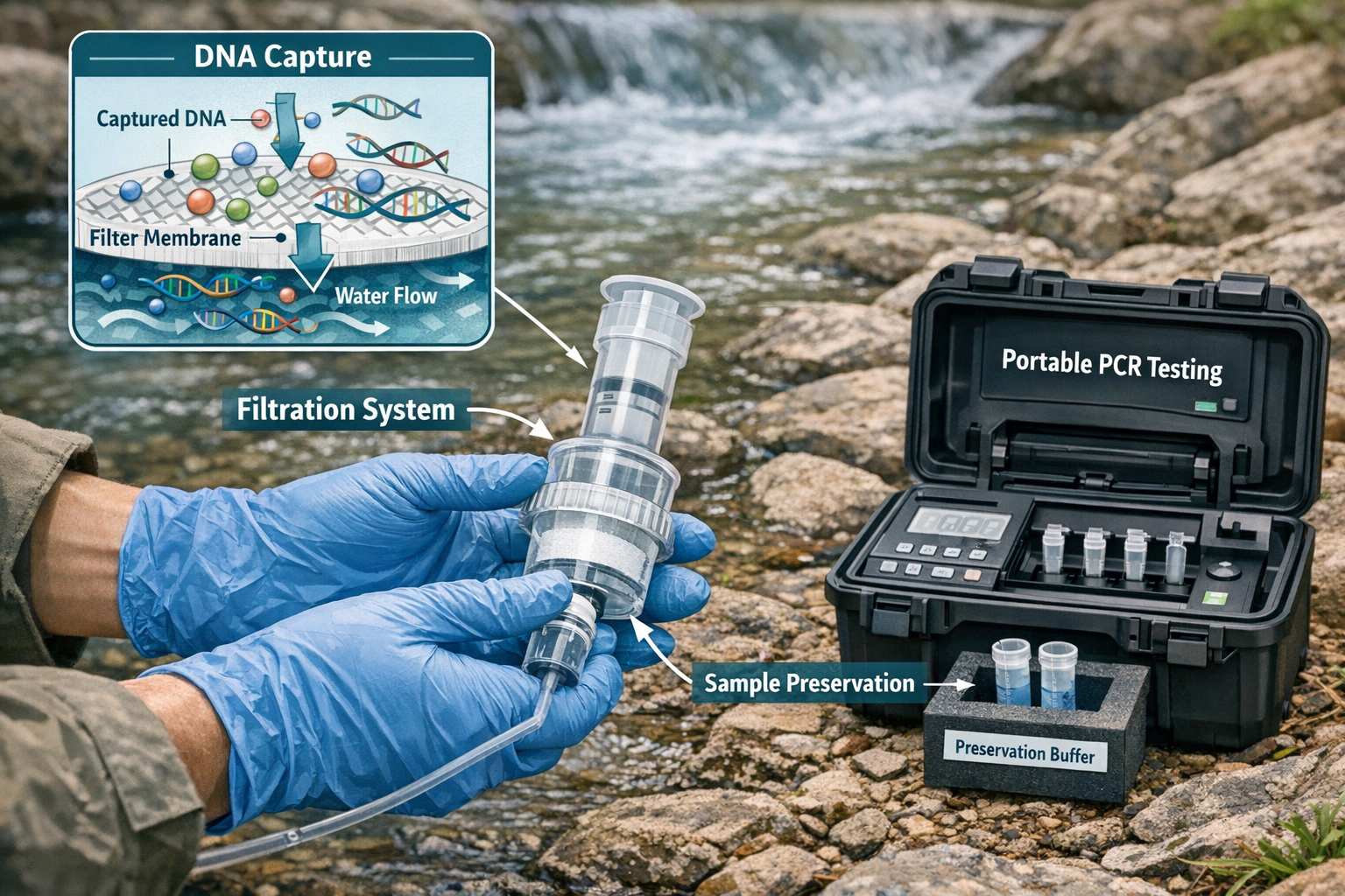 Detailed () image showing close-up of field researcher's gloved hands filtering water sample through specialized eDNA