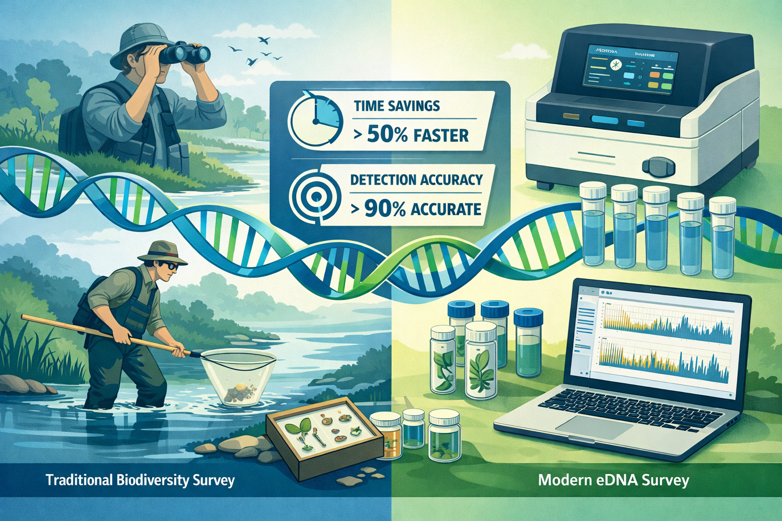 () split-screen comparison visualization showing traditional biodiversity survey methods on left side (researcher with net
