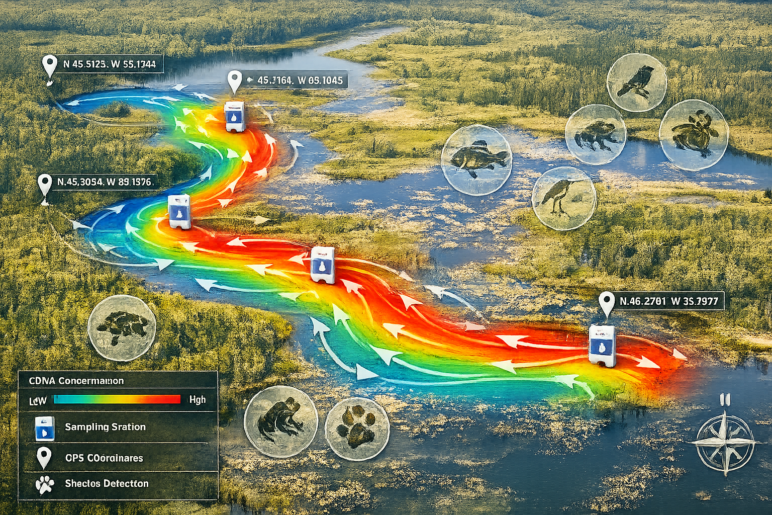 () aerial view of diverse ecosystem map showing river system, wetlands, and forested areas with overlaid heat map