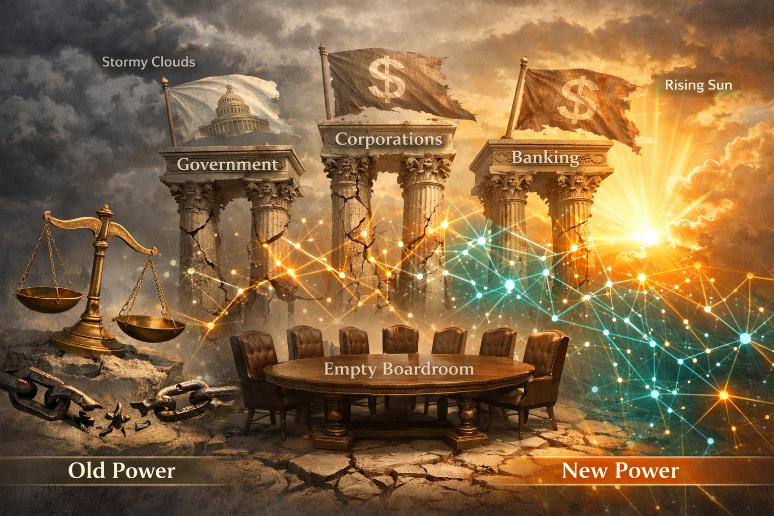 Detailed landscape editorial image (1536x1024) showing a conceptual visualization of crumbling traditional power structures: ornate classica