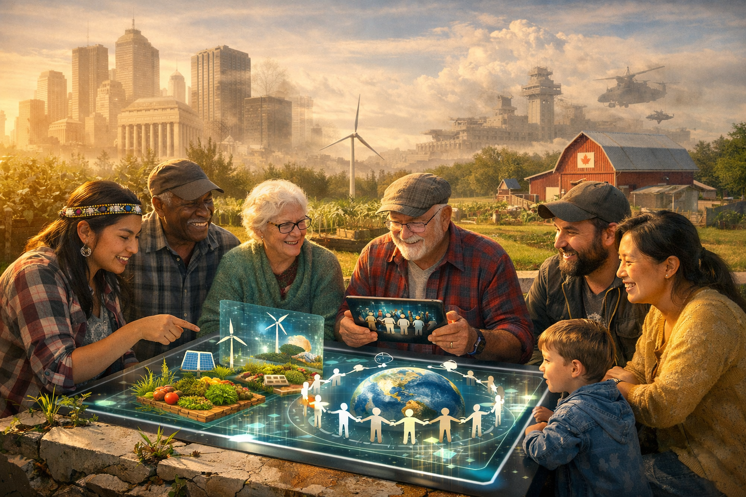 Compelling landscape image (1536x1024) depicting the contrast between old and new global systems: foreground shows diverse community members